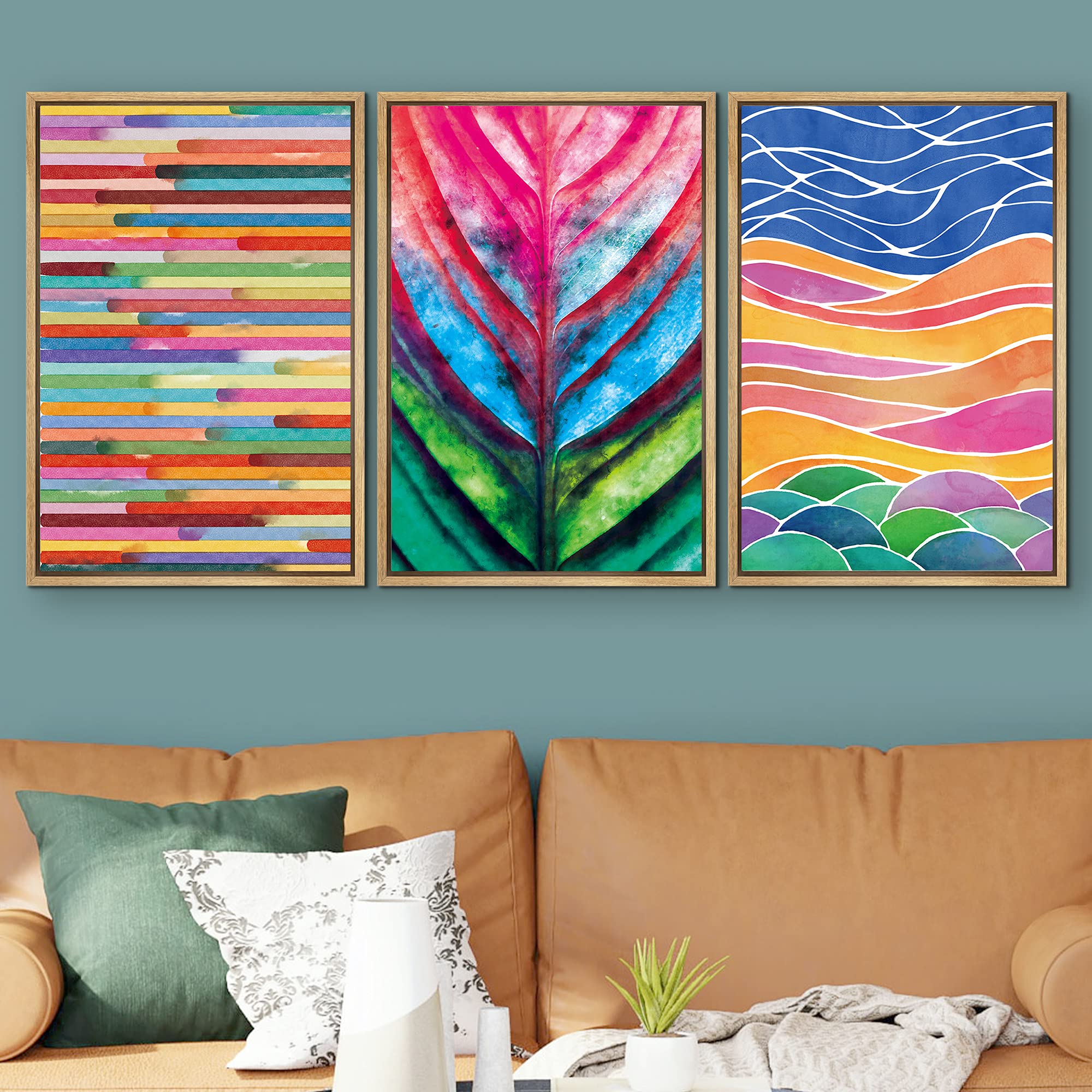Signwin Framed Wall Art Print Set Rainbow Plant, Color Block & Landscape Variety Abstract Shapes Illustrations Modern Art Bohemi
