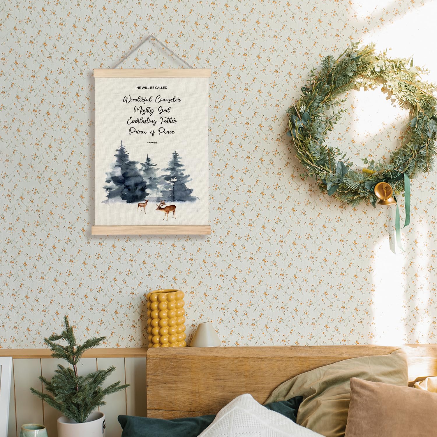 Supwhd Christmas Bible Verses Wall Art With Wooden Poster Hanger, Isaiah 9:6 Christian Wall Decor, Christmas Tree Deer Wall Deco