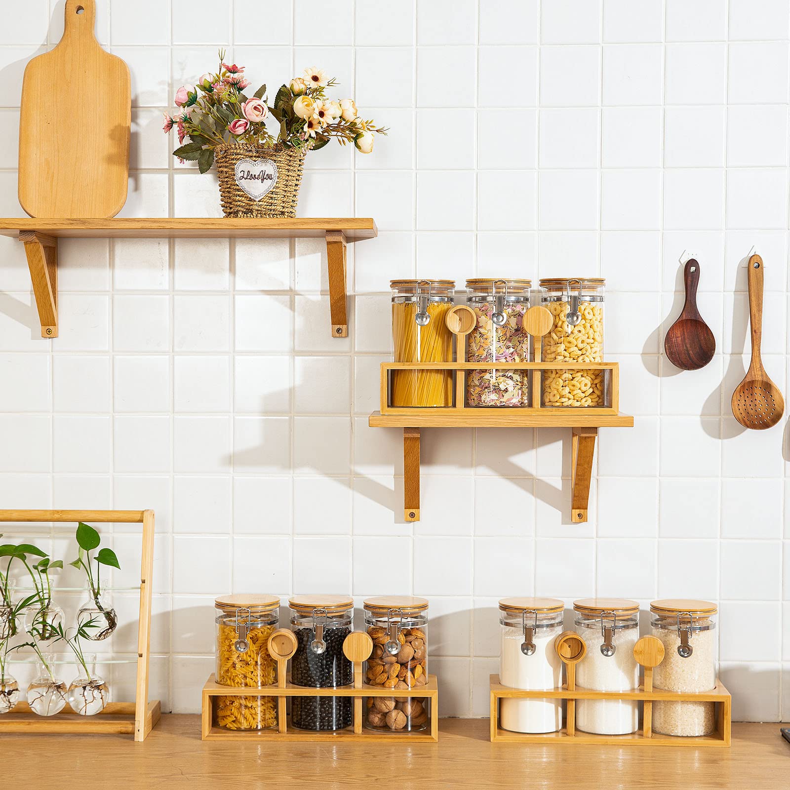 Yangbaga Glass Coffee Sugar Containers With Shelf, 3 X 45 Oz Coffee Bean Storage Station Organizer With Airtight Locking Clamp A