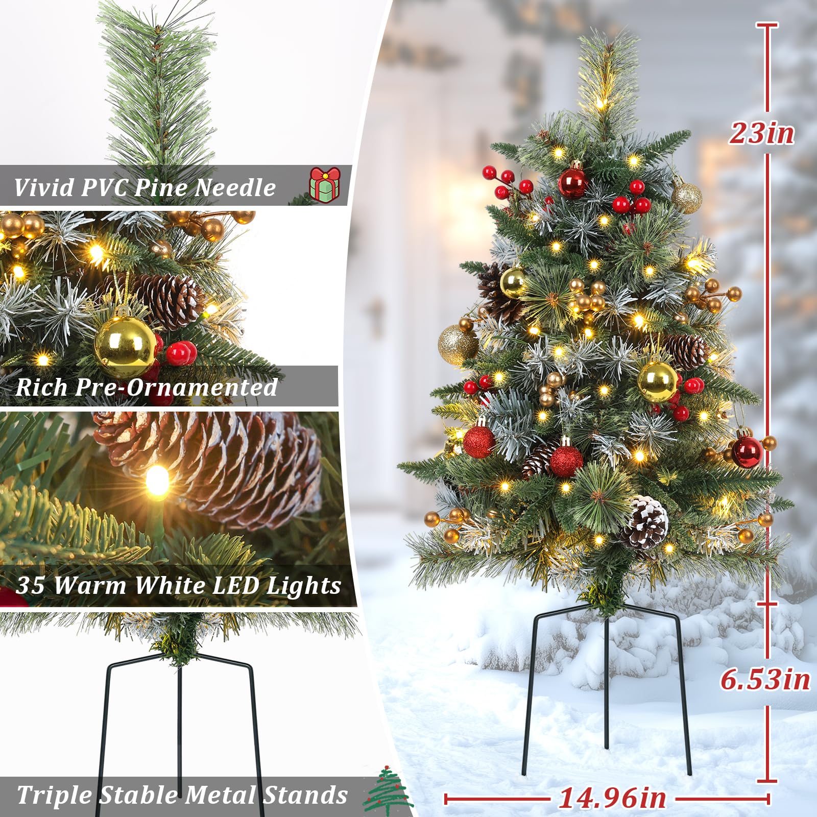 TOWPONICS Set of 2 Outdoor Pathway Christmas Trees with Lights, Frosted Twinkle Small Easy Christmas Tree for Driveway, Entrance