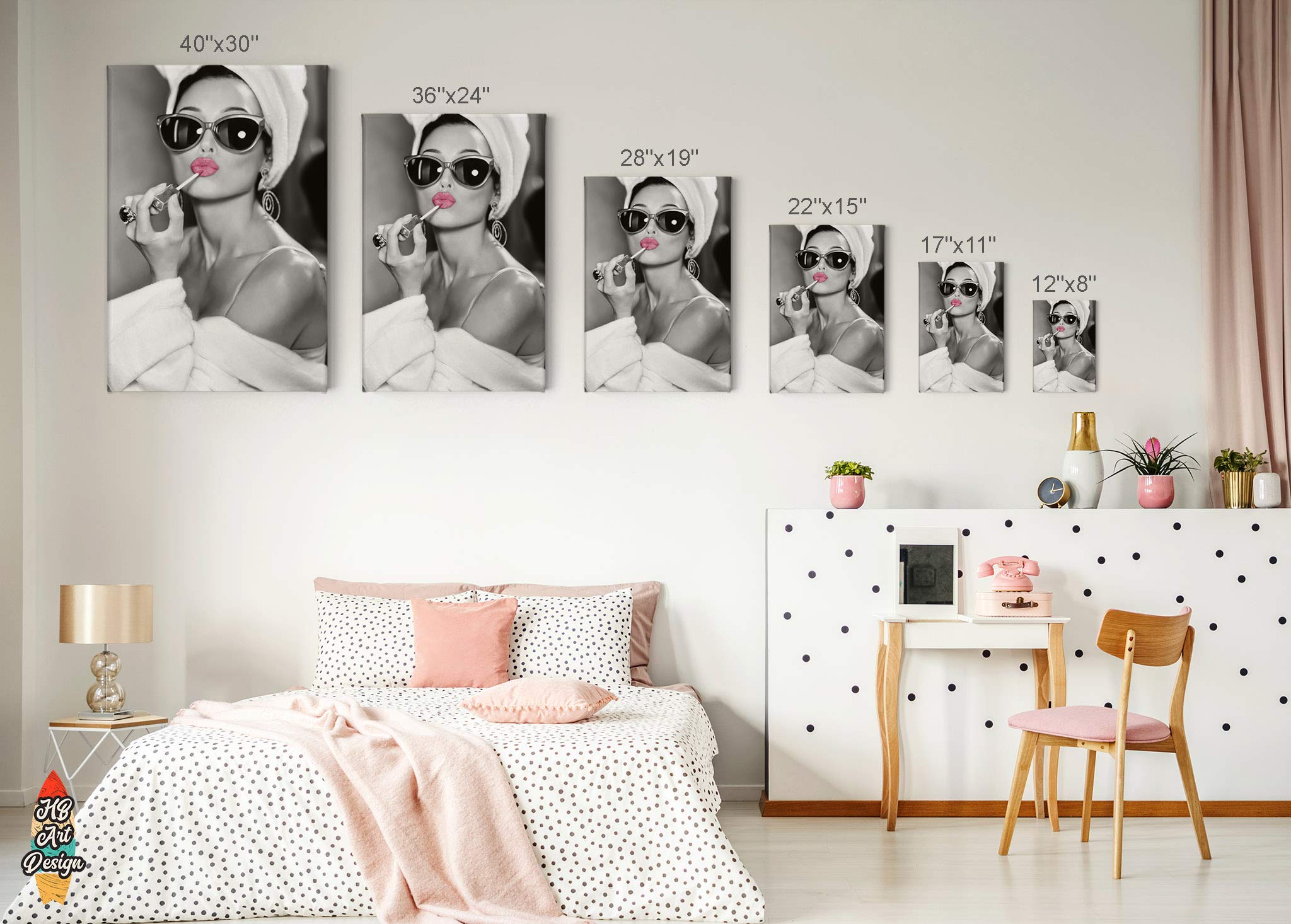 Hb Art Design Audrey Hepburn Style Wall Art Pink Lips Canvas Print Lipstick Makeup Iconic Pop Art Glam Fashion Black And White W