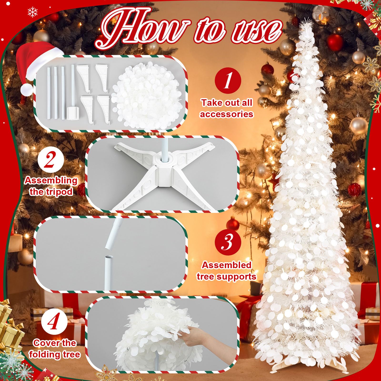 Leyndo 2 Pcs 5 ft Collapsible Artificial Christmas Tree Pop up White Sequined Tinsel Pencil Skinny Xmas Tree for Home Fireplace