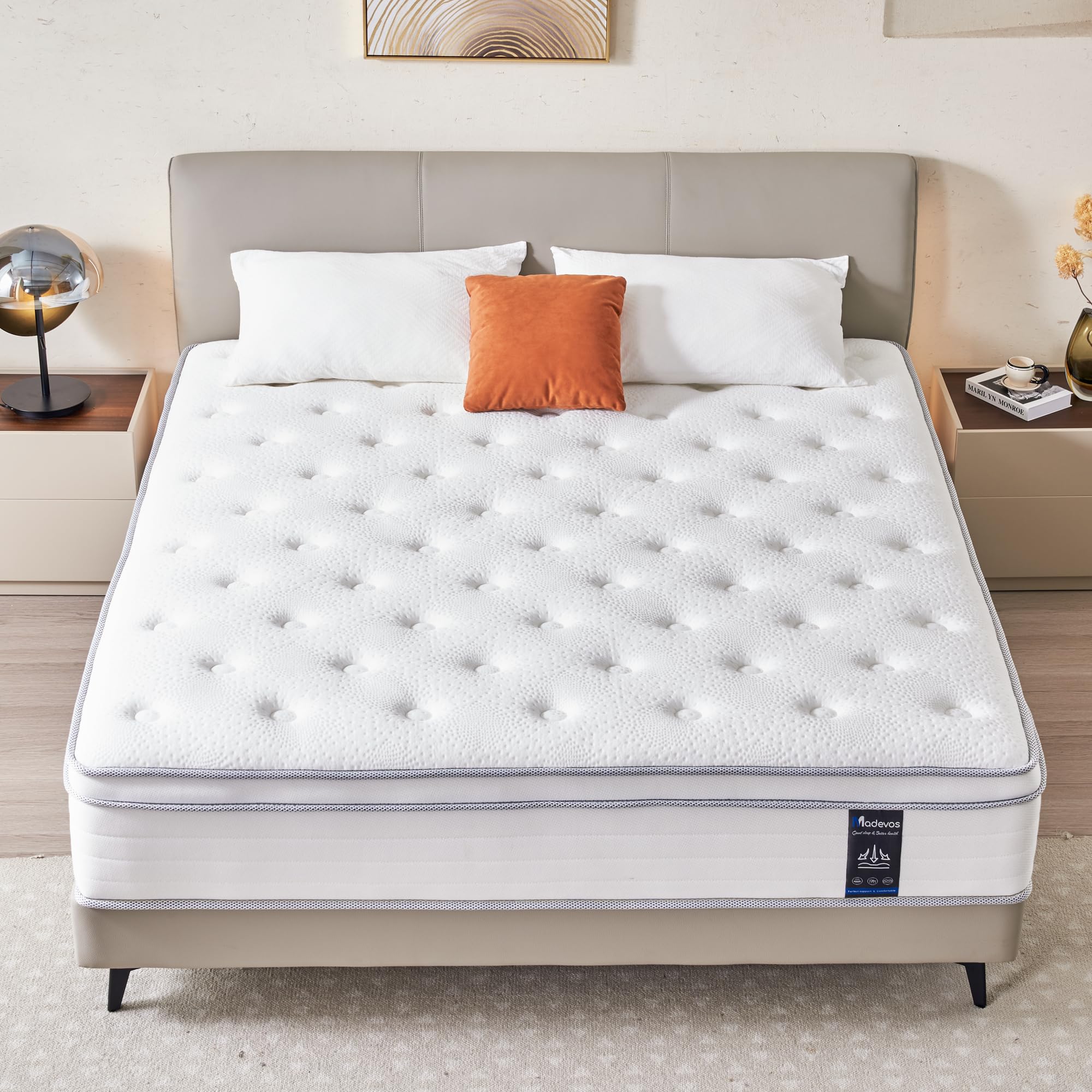 Madevos Queen Mattress, 10 Inch Hybrid Mattress In A Box, Memory Foam And Individual Pocket Springs, Fiberglass Free, Soft And B