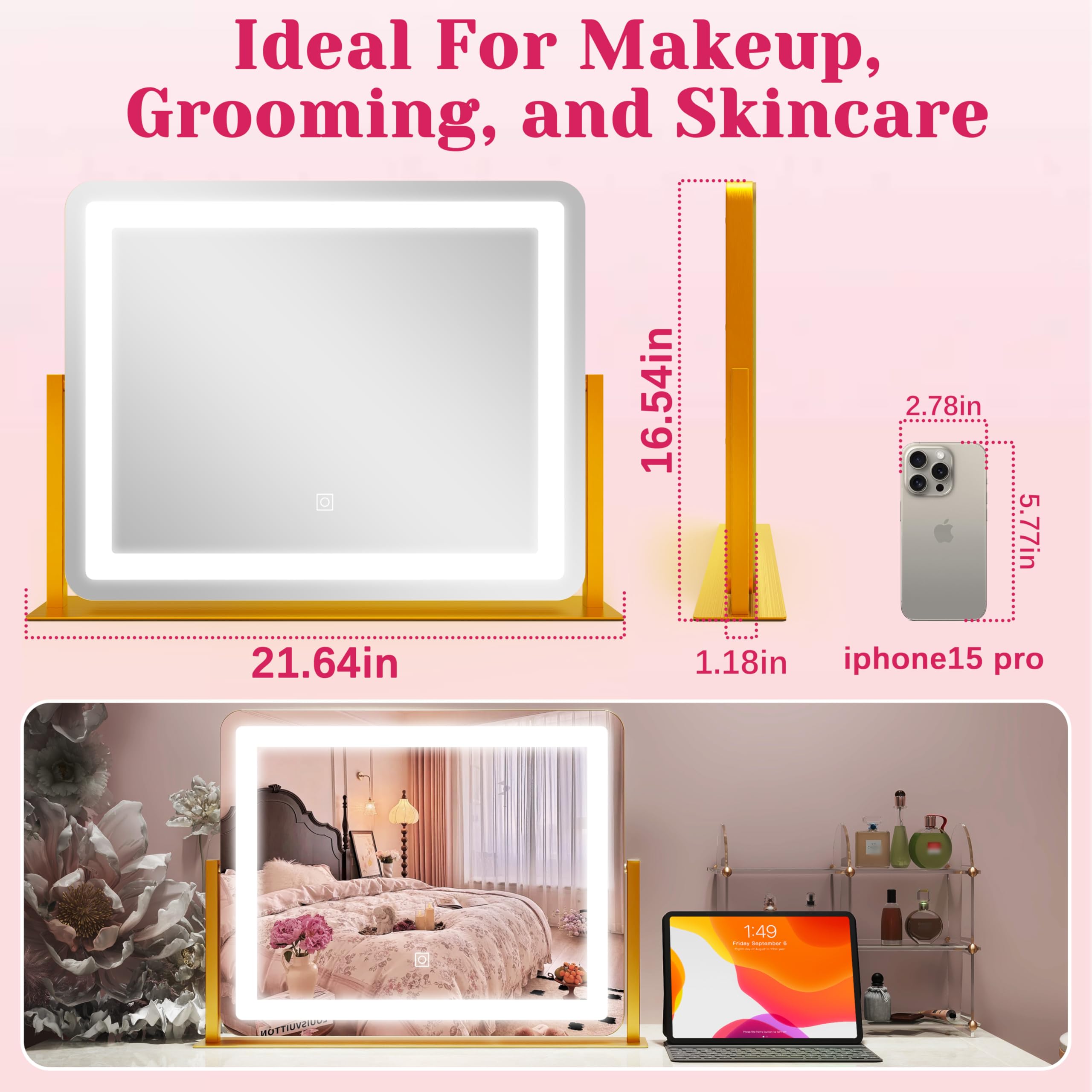 Hnv Gold Vanity Makeup Mirror With Lights, 22X17 Large Lighted Vanity Mirror, Dimmable Led With 3 Color Touch Lighting, Tabletop