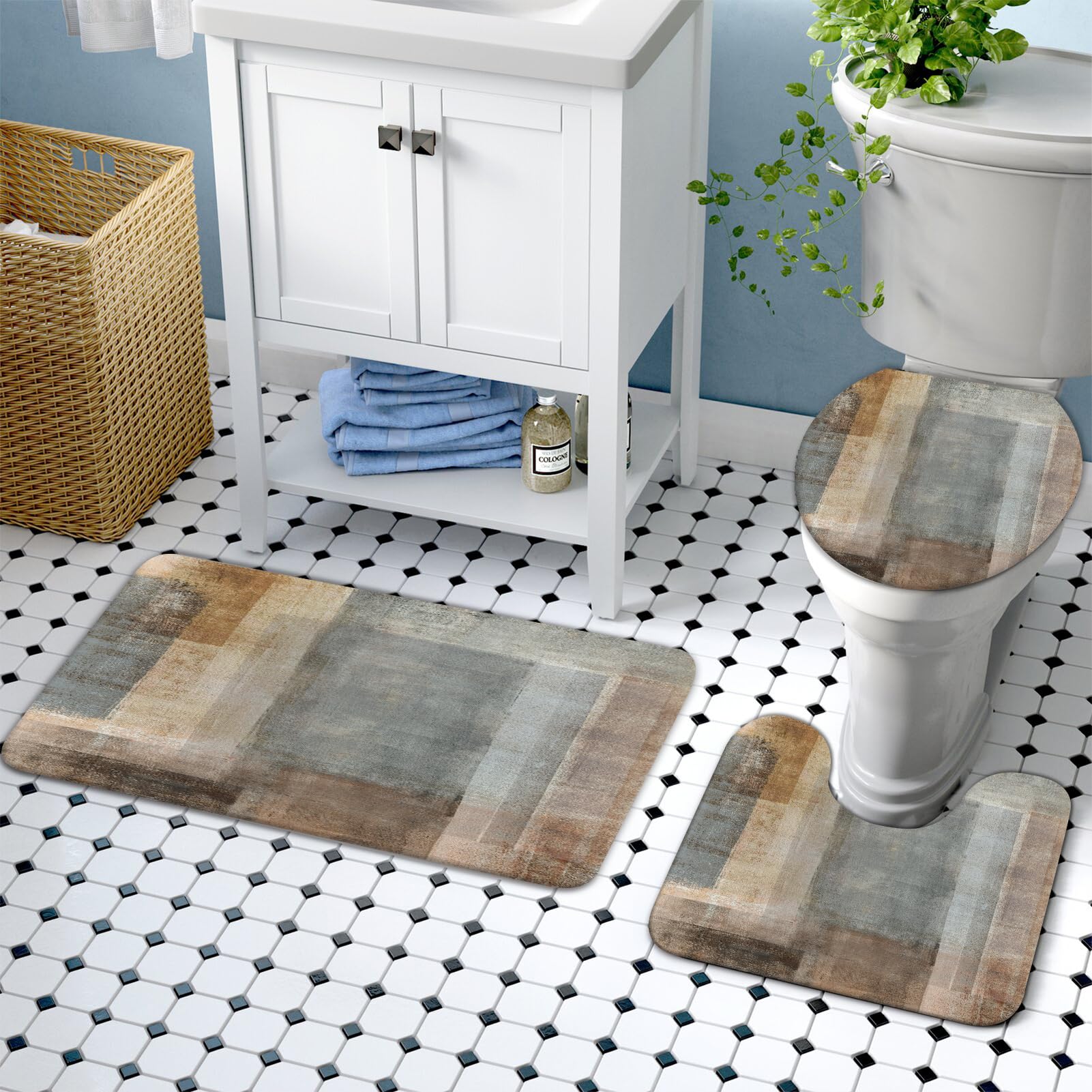 Lnond 4Pcs Bathroom Shower Curtain Sets With Rugs,Brown Gradient Painting Art Bathroom Sets With Shower Curtain And Rugs And Acc