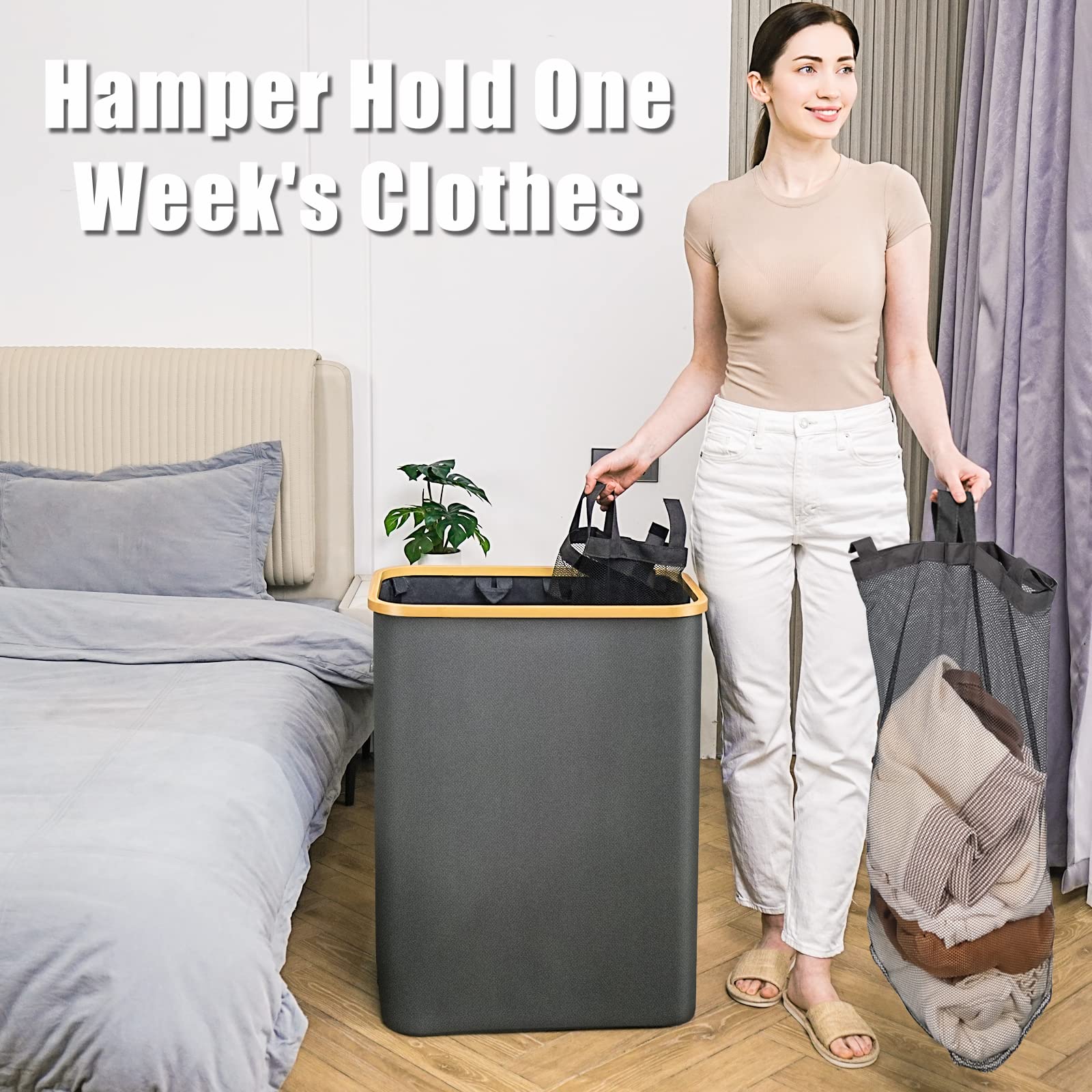 Bathola Laundry Hamper with Lid  145L Extra Large Hamper 3 Section Dirty Clothes Hampers for Divided Basket Organizer for Bedroom Laundry Room Grey