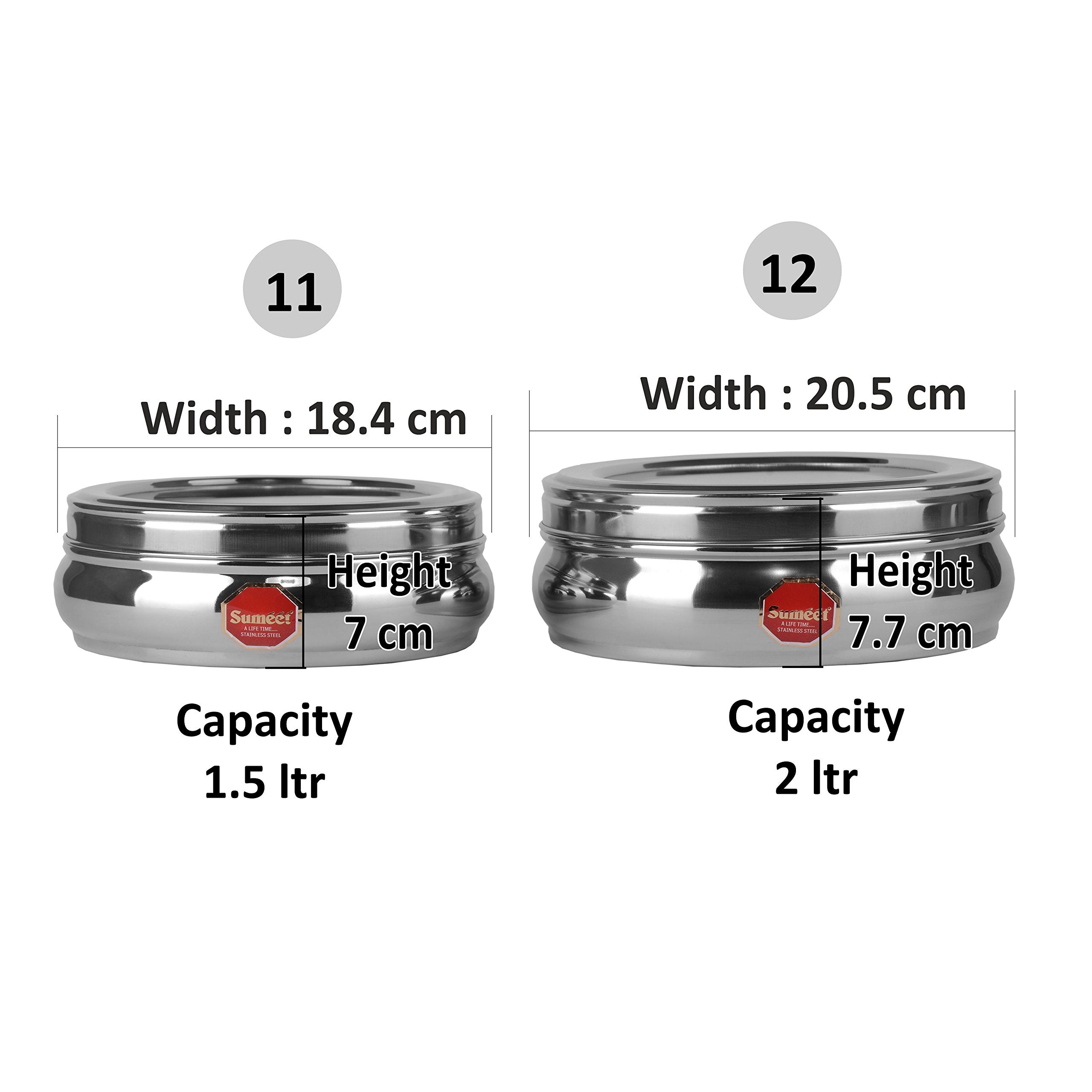 Sumeet Stainless Steel Belly Shape Flat Canisters/Puri Dabba/Storage Containers Set Of 2Pcs (No. 11 & No.12)(18.4Cm & 20.5Cm Dia