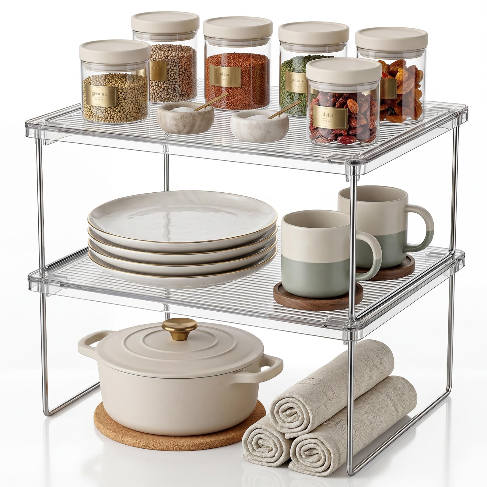 Kitchen Cabinet Organizer Shelf, 2Pack Clear Stackable Shelf Risers