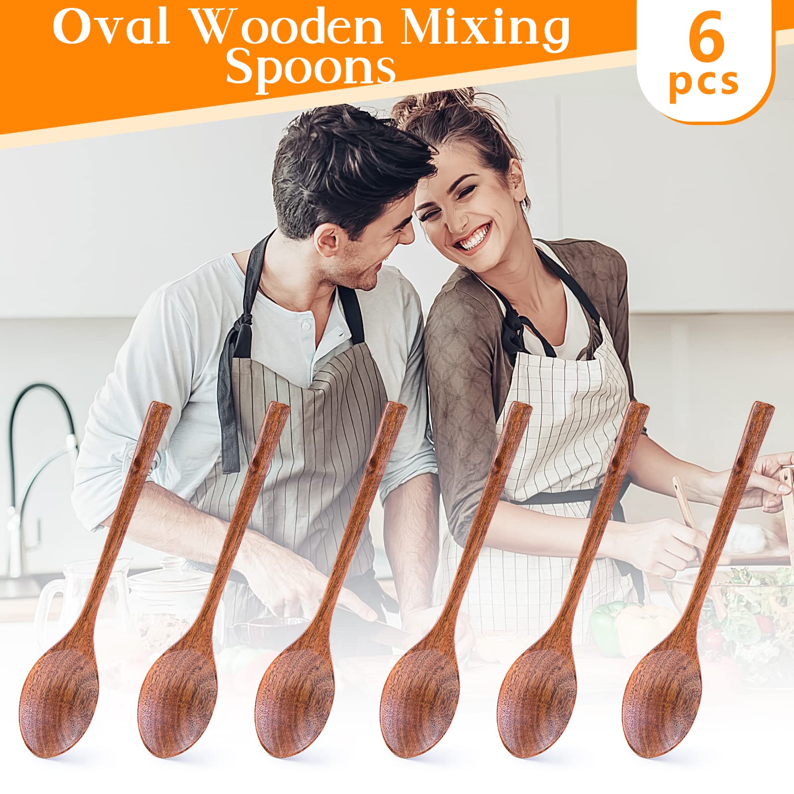 Haksen 8 Inch Wooden Spoon Set, 6Pcs Oval Wooden Mixing Spoons Long Handle Spoons Nonstick Japanese Style Kitchen Utensils For H