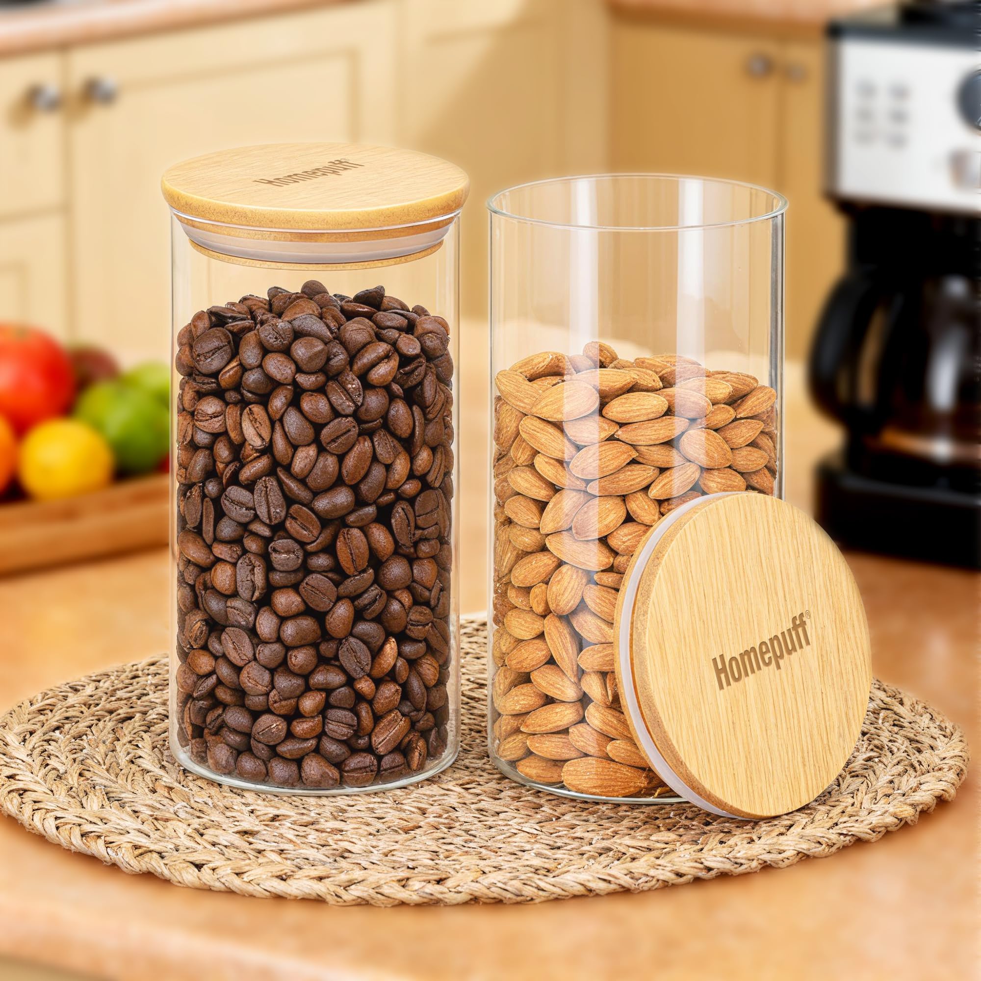 Home Puff Glass Canisters Set Of 2 X 750Ml| High Borosilicate Glass Food Grade Jar Storage Containers With Bamboo Lids, Airtight