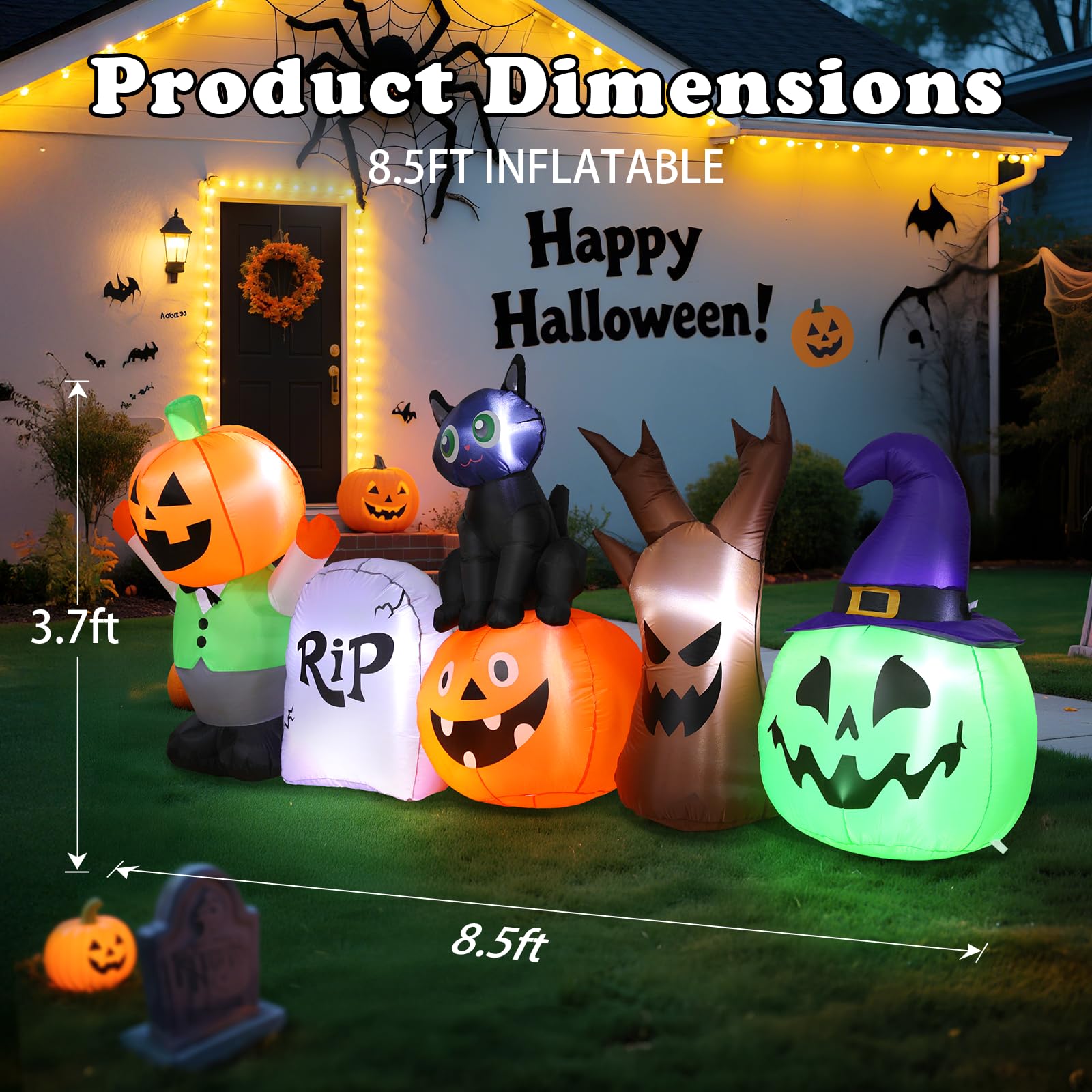 Halloween Inflatables Outdoor Decoration, 8.5ft Pumpkin/Tombstone/Black Cat/Ghost Tree, Cute Blow Up Yard Decor, for Outside Gar