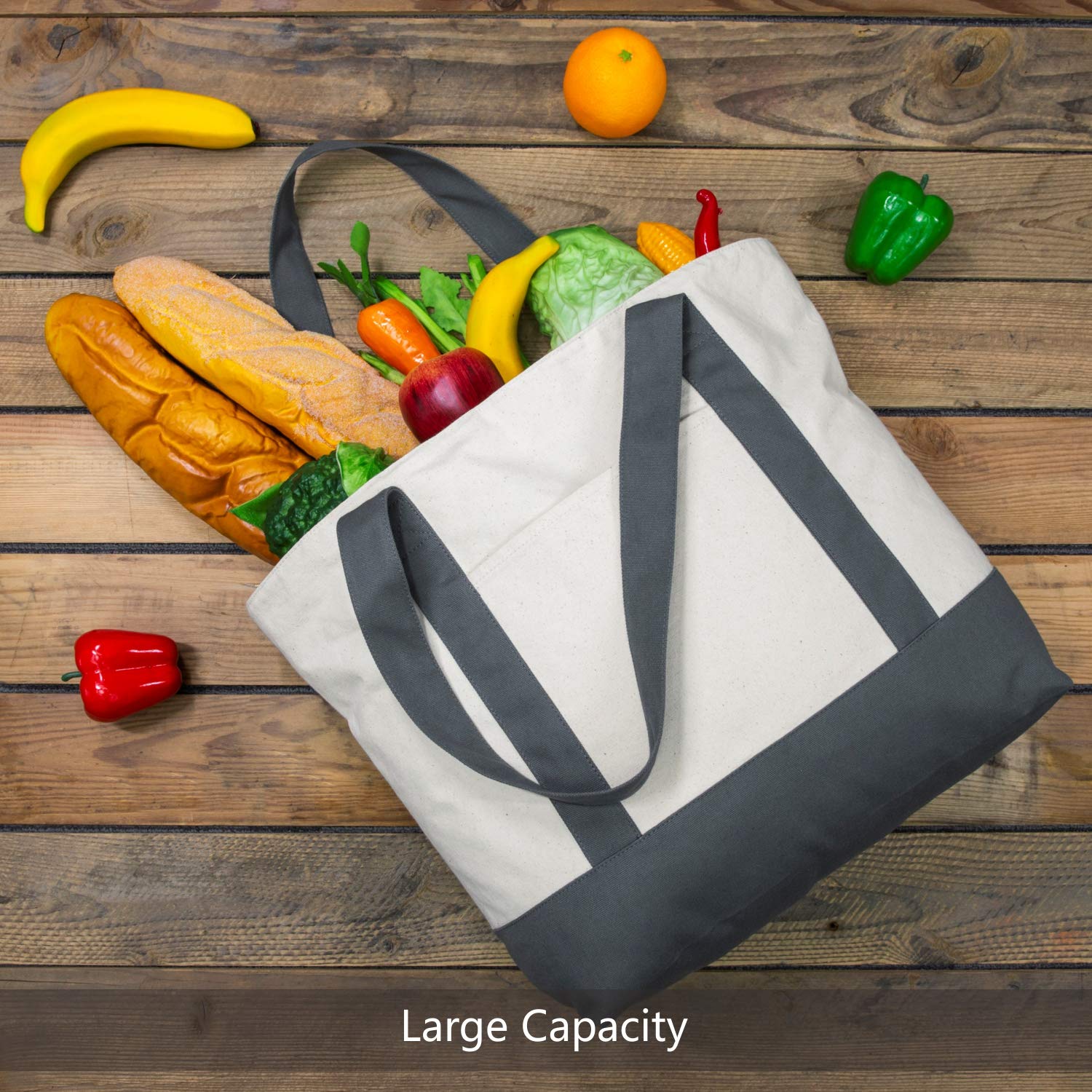 Topdesign Stylish Canvas Tote Bag With An External Pocket, Top Zipper Closure, Daily Essentials (Grey/Natural)