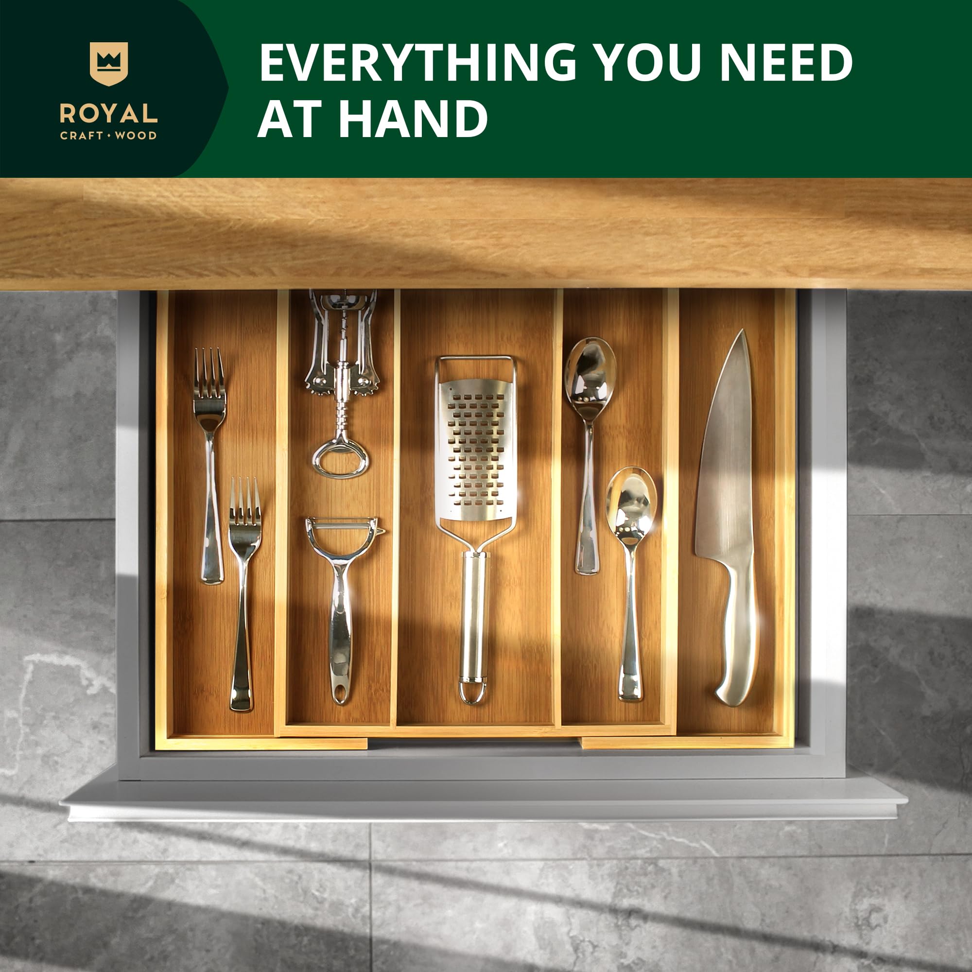 Royal Craft Wood Luxury Bamboo Kitchen Drawer Organizer - Expandable Utensil Organizer For Drawer - Utensil And Silverware Holde