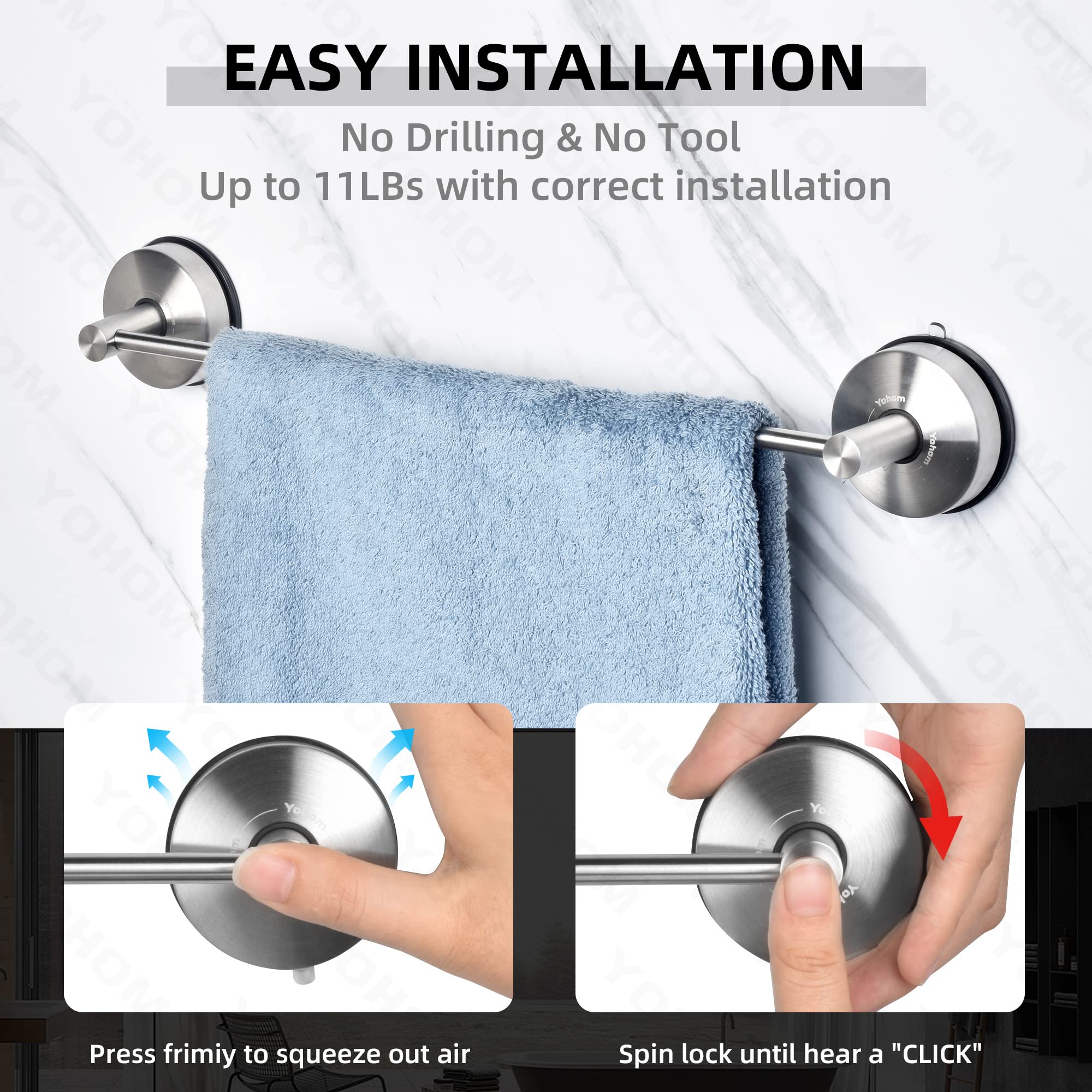 YOHOM Suction Cup Towel Bar for Shower 22 Inch Stainless Steel Bathroom Hand Towel Holder Suction Washcloth Holder Kitchen Towel Rack for Glass Shower Door Removable Towel Rod Rail Brushed Wall Mount