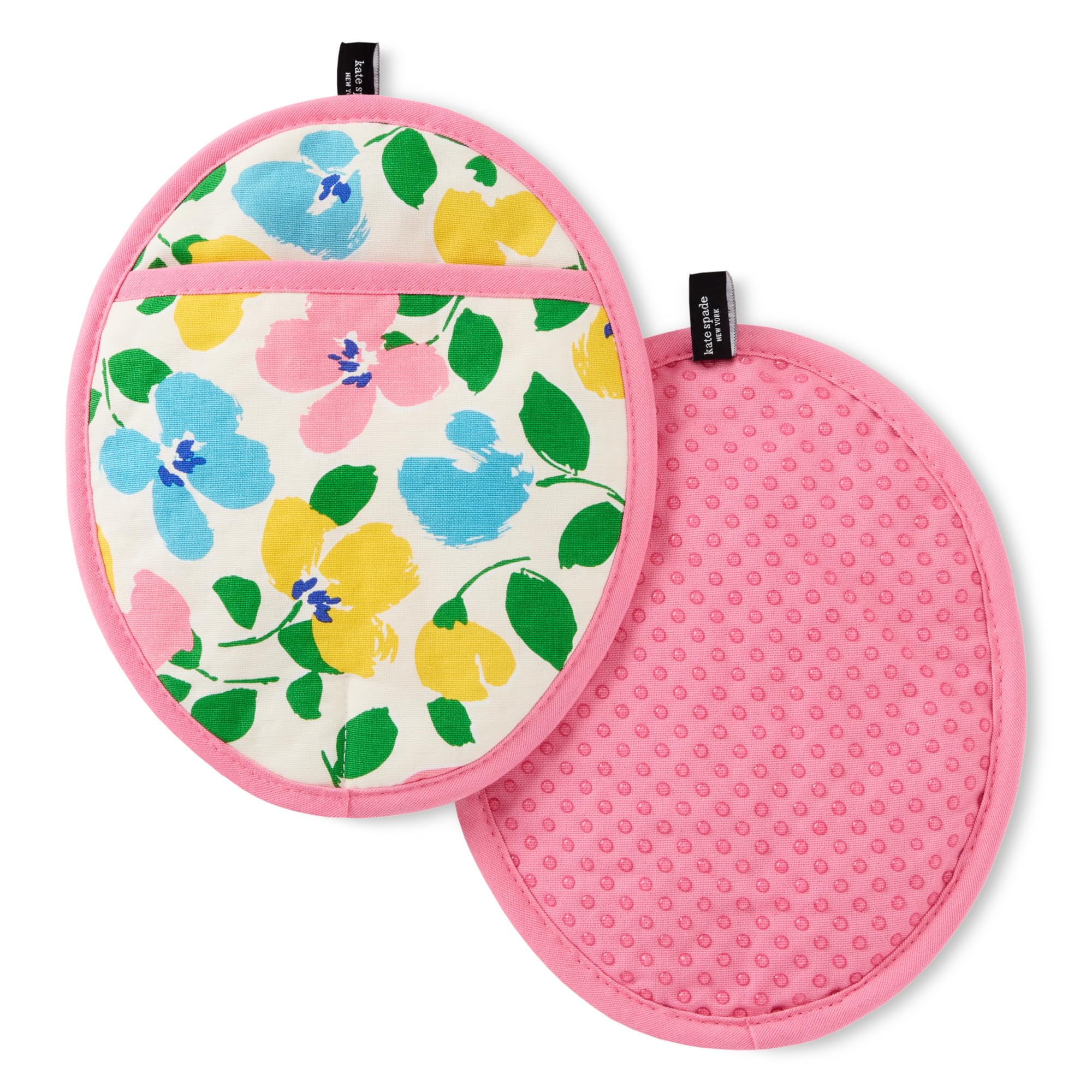 Kate Spade New York Painterly Bouquet Pot Holder 2-Pack Set, Heat Resistant, 100% Cotton with Printed Non-Slip Silicone Grip, Pi