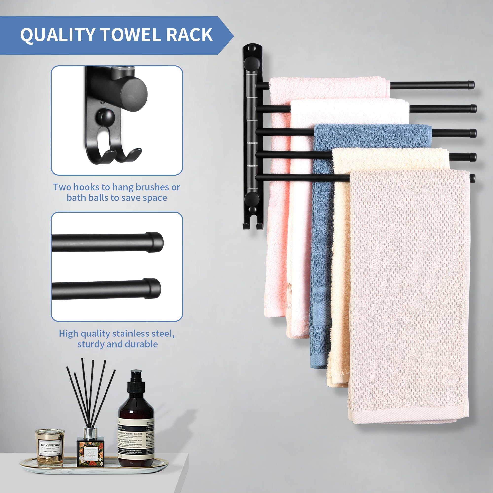 Swivel Towel Rack, Towel Bar With Wall Mounted 180 Rotation, 5 Arms Towel Hanger Sus 304 Stainless Steel, Space Saving For Kitch