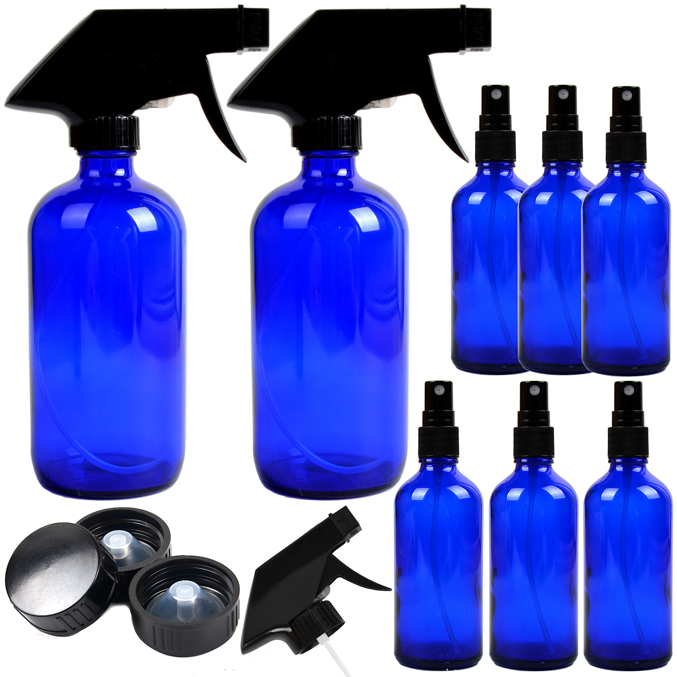 Youngever 8 Pack Empty Cobalt Blue Glass Spray Bottles, 2 Pack 8 Ounce and 6 Pack 4 Ounce Refillable Containers for Essential Oi