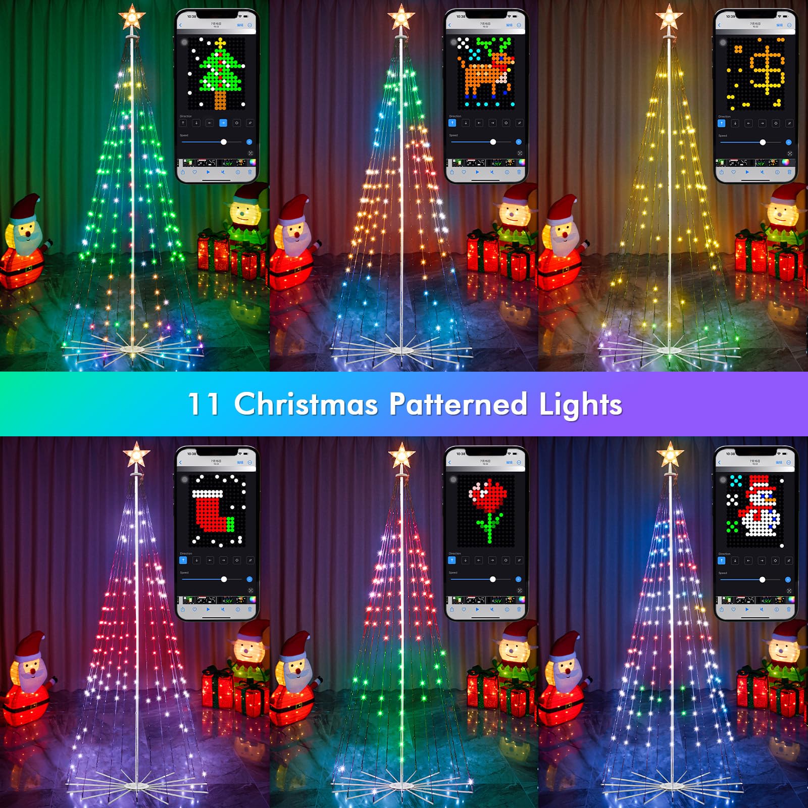 HOLILLUMA 8FT Outdoor Christmas Tree, RGB Color Changing Pre-lit Smart Cone Christmas Tree with LED Lights, App & Remote Control