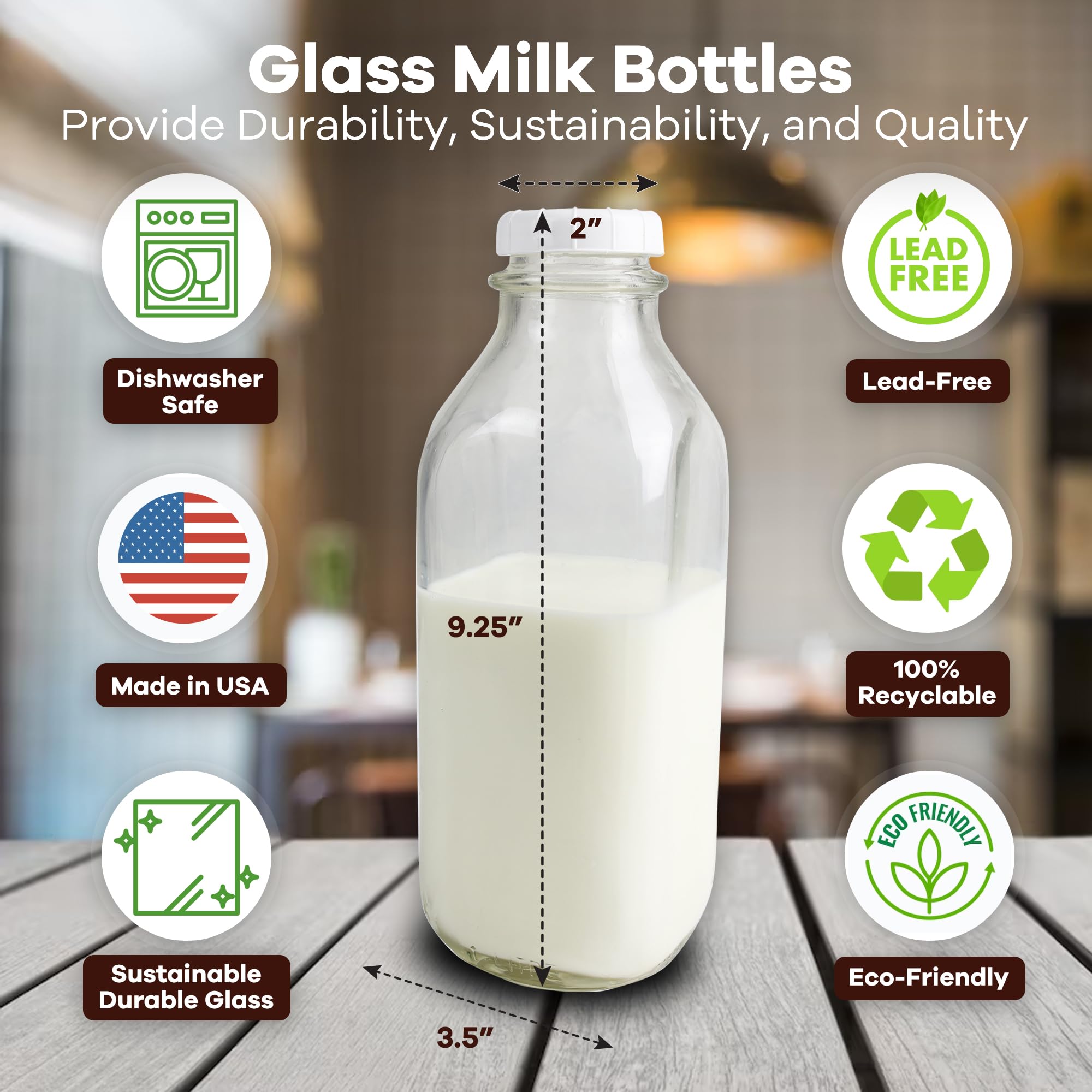 The Dairy Shoppe Heavy Glass Milk Bottles - Jugs With Lids And Silicone Pour Spouts - Clear Milk Containers For Fridge - Reusabl