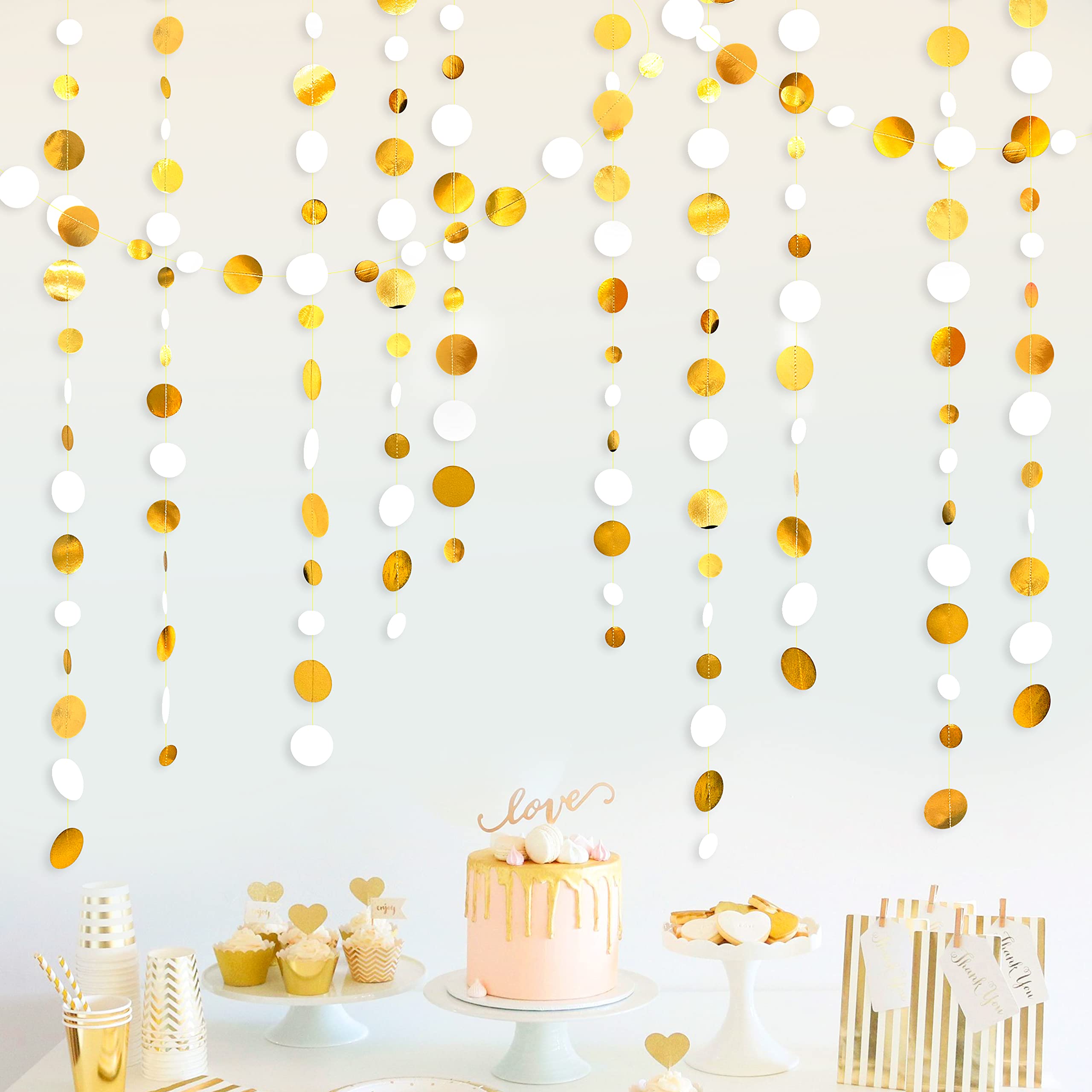 46 Feet White And Gold Circle Dots Garland Hanging Paper Polka Dots Streamer For Birthday Bachelorette Engagement Anniversary We