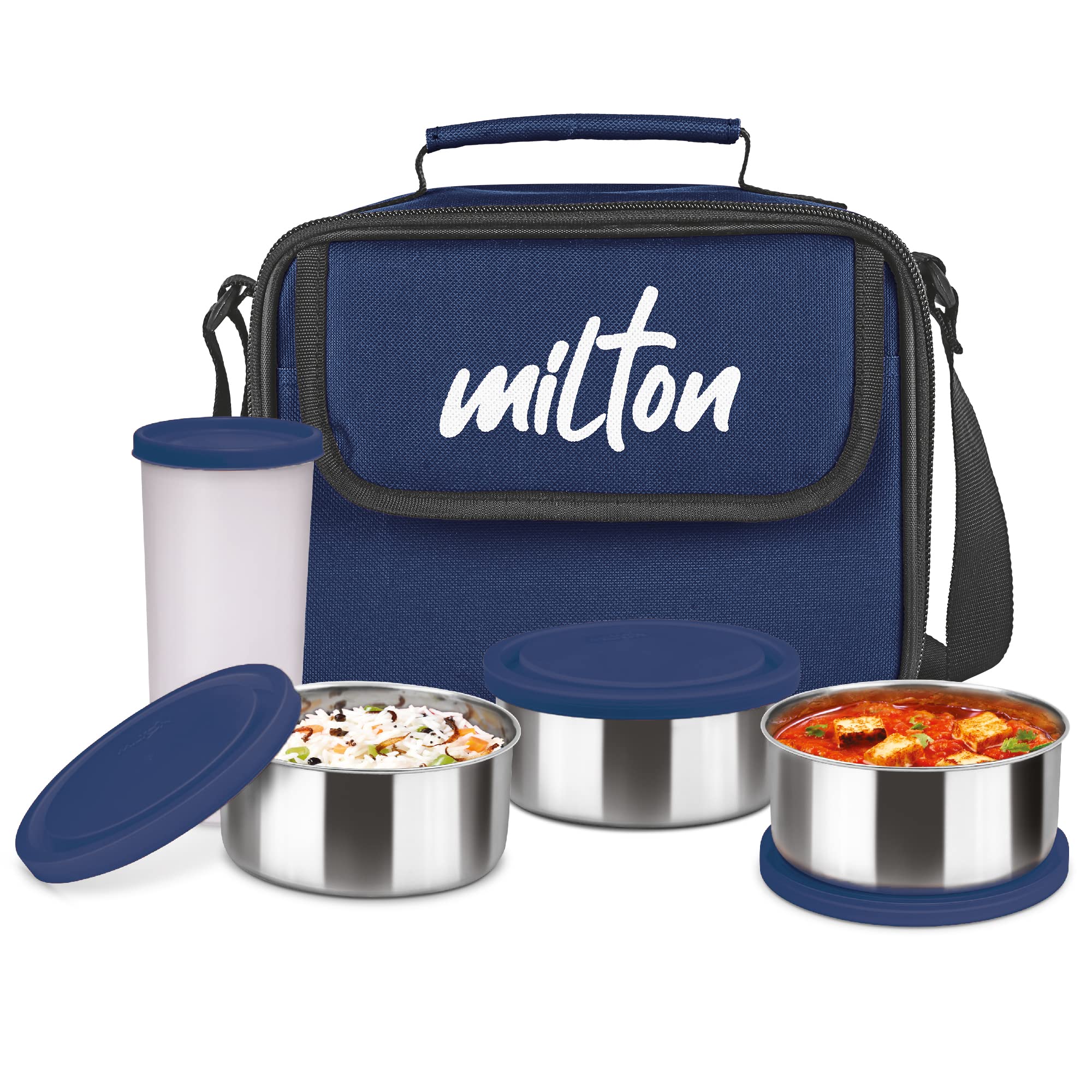 Milton New Steel Combi Lunch Box, 3 Stainless Steel Containers And 1 Plastic Tumbler With Jacket, Set Of 6, Blue | Food Grade | 