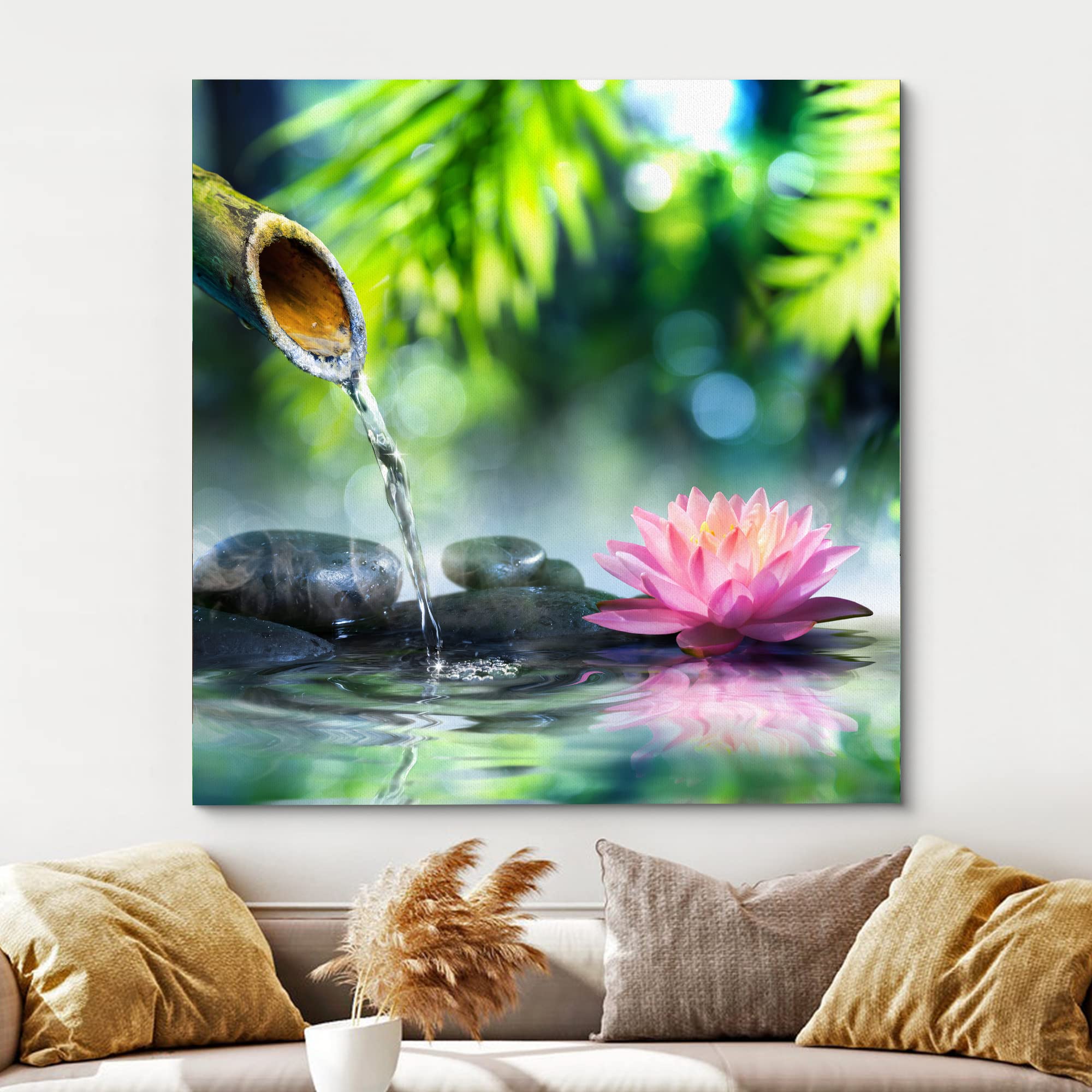 Wall26 Canvas Print Wall Art Zen Garden With Bamboo And Pink Water Lily Floral Nature Digital Art Modern Art Rustic Scenic Relax