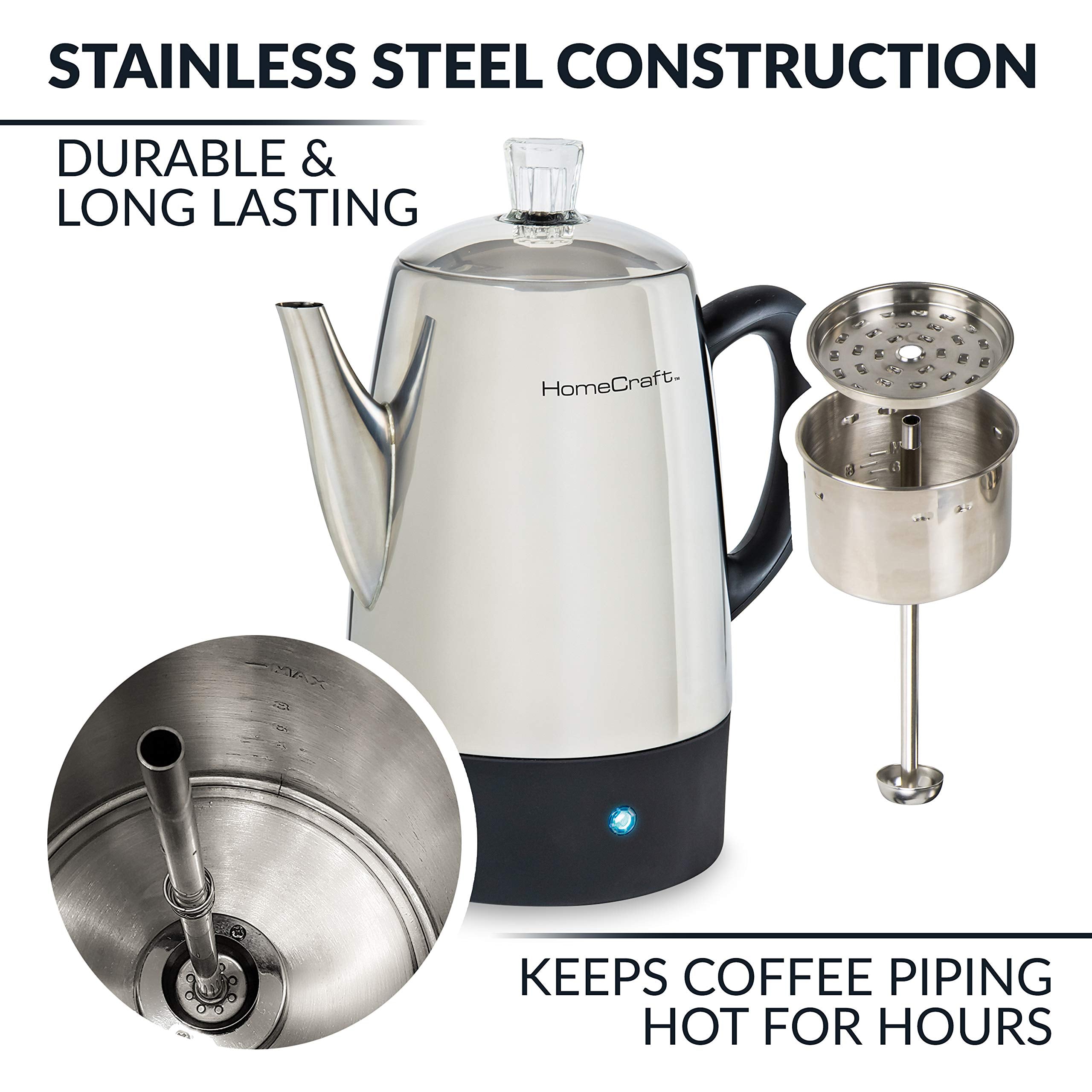 Homecraft Hcpc10Ss 10-Cup Stainless Steel Coffee Maker Percolator, Easy-Pour Spout, Led Indicator Light, Keep Warm Function
