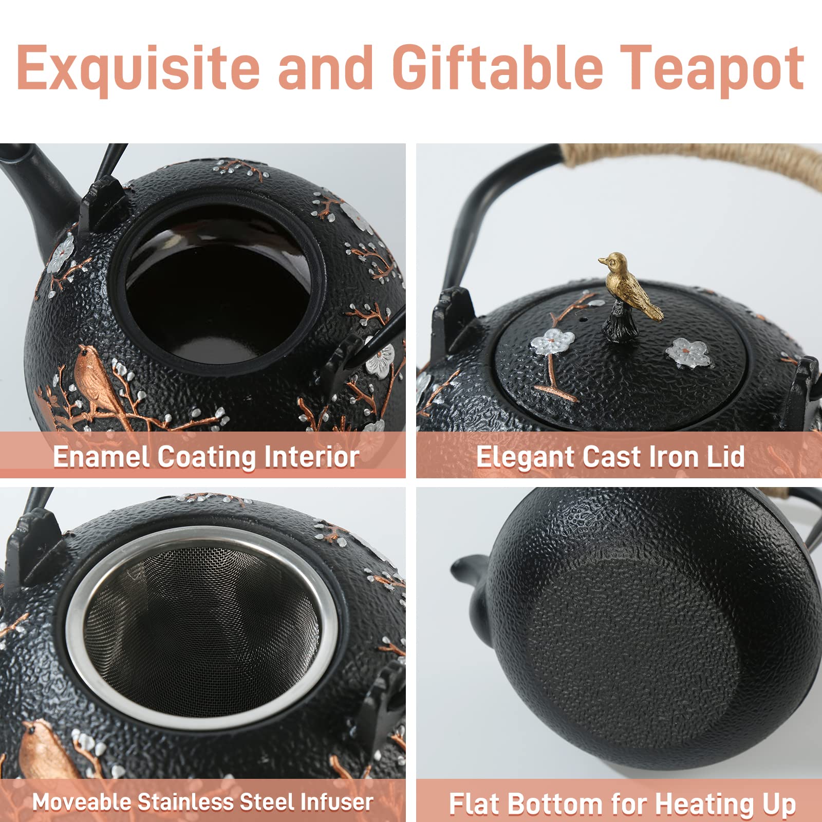 Sechudo Tea Set Tea Kettle Japanese Style Beautiful Black Cast Iron Teapot Set With 4 Cups,1 Trivet And 1 Lid Holder,40.6Oz Teap