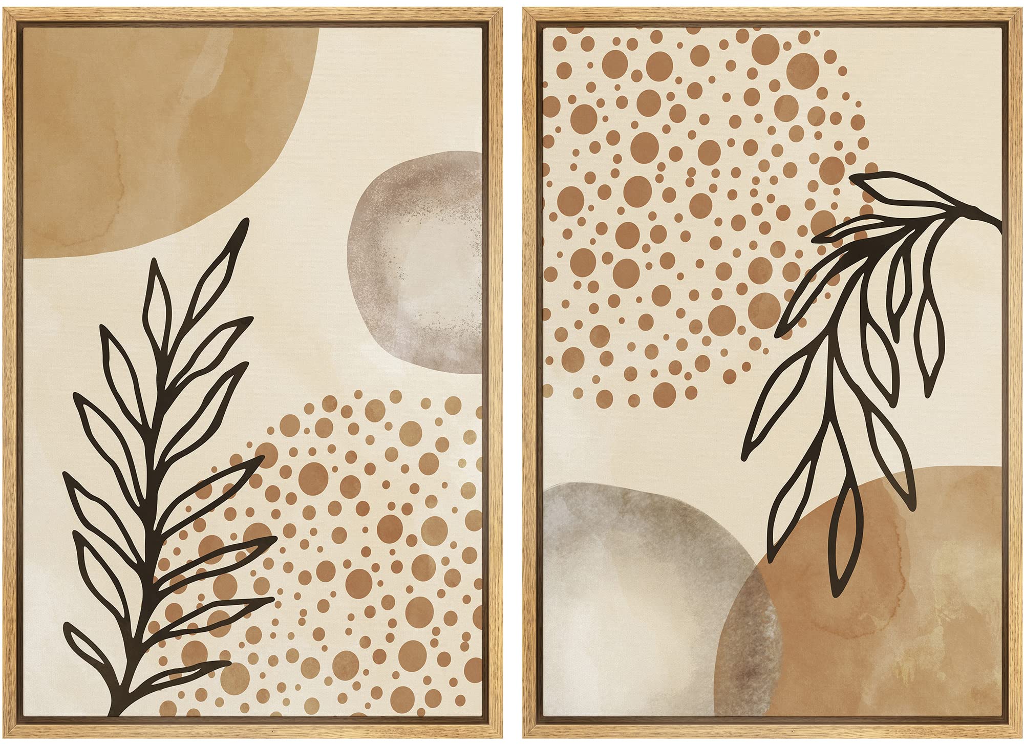 Signford Framed Canvas Print Wall Art Set Mid-Century Forest Plant Leaf Gold Circles Abstract Shapes Illustrations Modern Art De