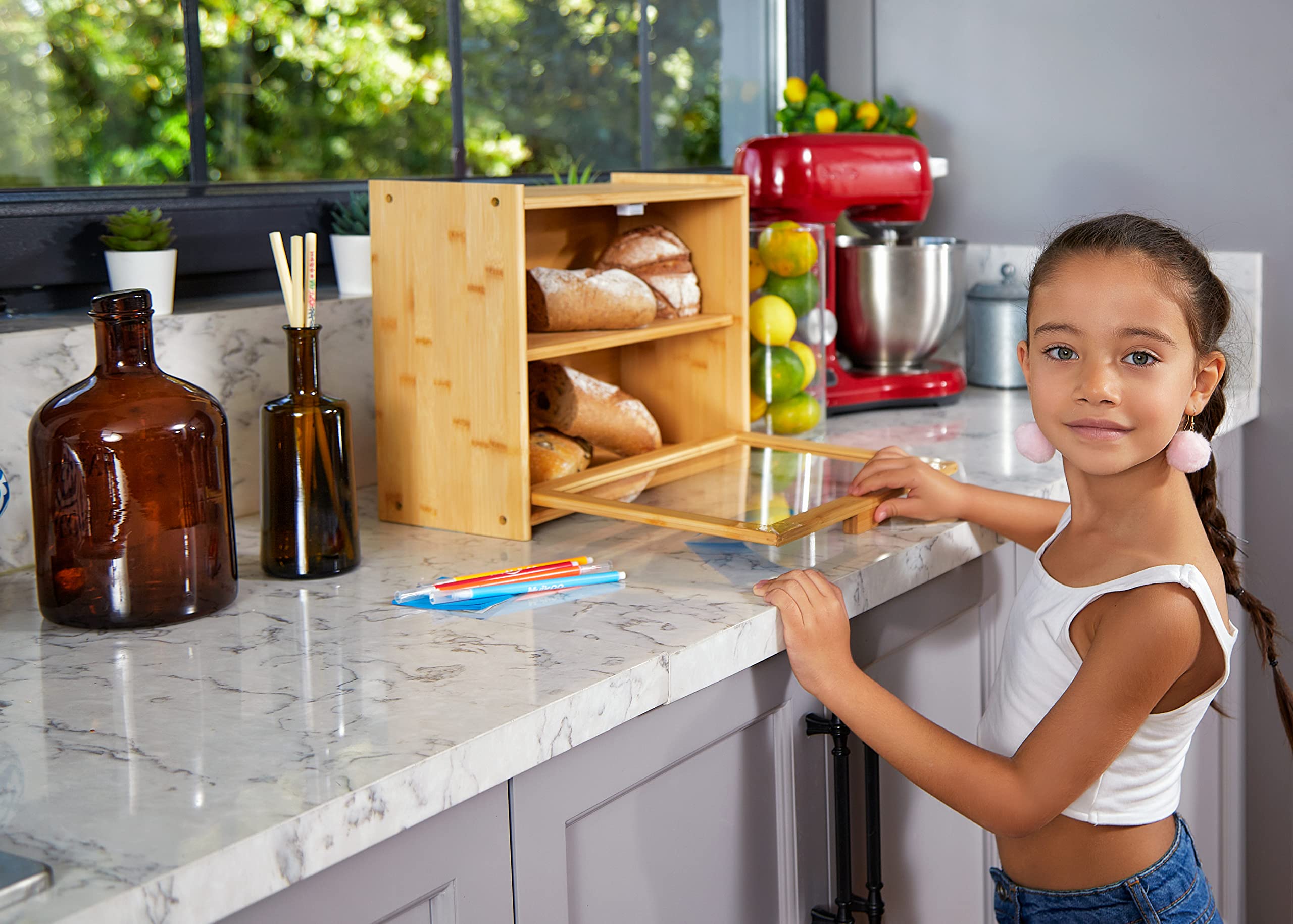 Royalhouse Premium Bamboo Double Layer Bread Box With Clear Window, Bread Storage And Organizer For Kitchen Countertop, Bread Co