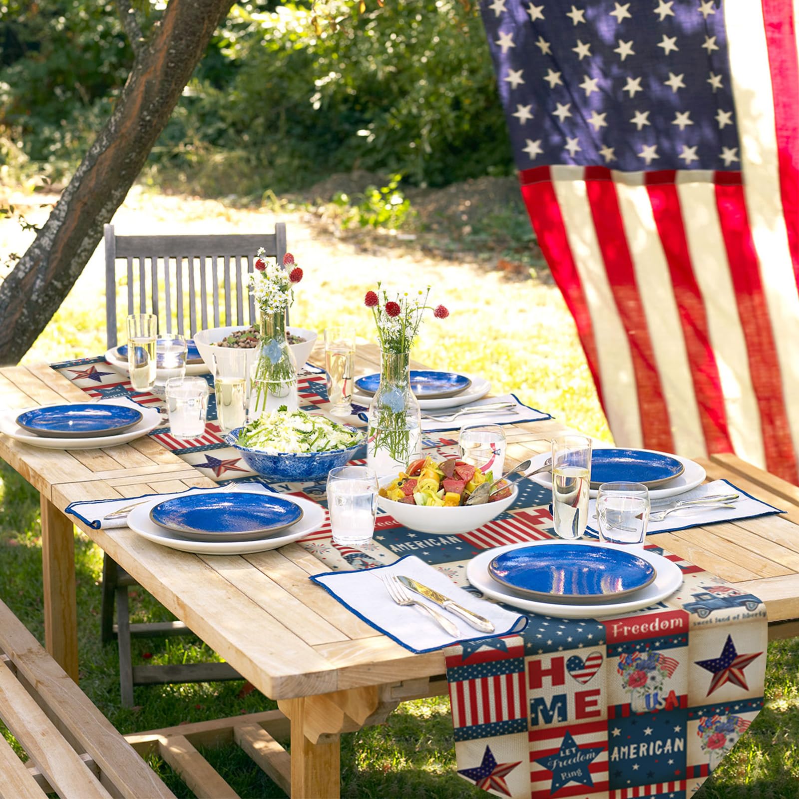 Independence Day Lattice Table Runner Linen Burlap Dresser Scarves, Retro 4Th Of July Table Runners For Holiday Party, Kitchen D