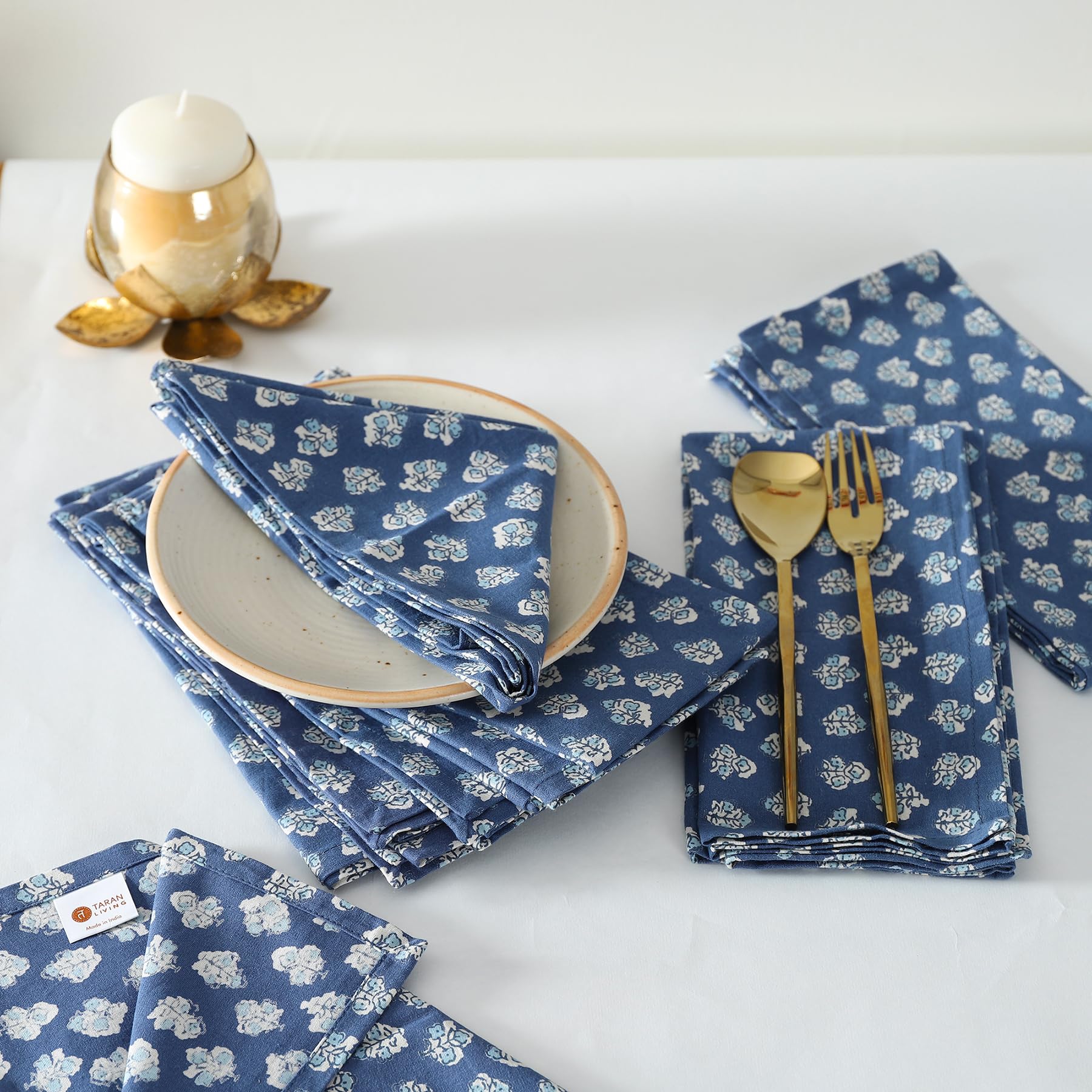 Taran Flower Print Cotton Dinner Napkins Set Of 12 | 18X18 Inches | 100% Natural, Reusable Linens For Dinner, Events, Weddings