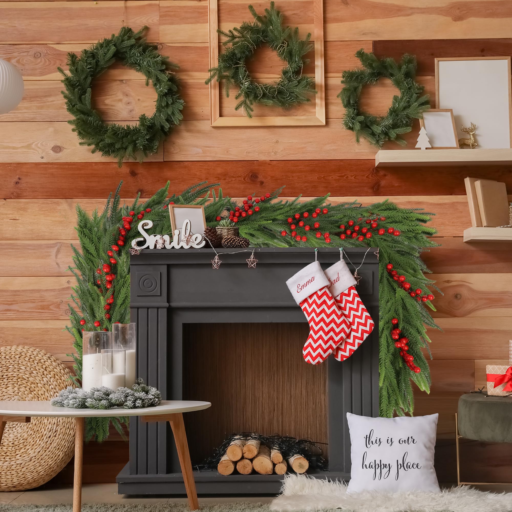 Christmas Norfolk Pine Garland 2PCS 9FT,Real Touch Faux Winter Greenery Garland with Light for Stairs Table Fireplace Backdrop W