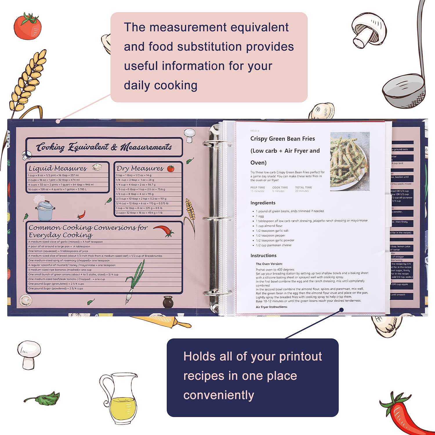 Recipe Binder Kit - 3 Ring Full Page Recipe Book Binder 8.5''x11'' with 60 Page Protectors  12 Dividers and Labels for Family Recipe Organizer  Grain Design