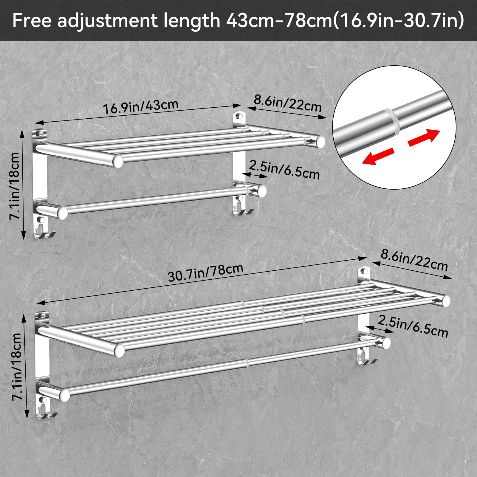 Caximsy Adjustable Towel Bar For Bathroom Wall Mount17-30.7Inch Adhesive Shower Towel Rack Stainless Steel Bath Towel Holders Fo