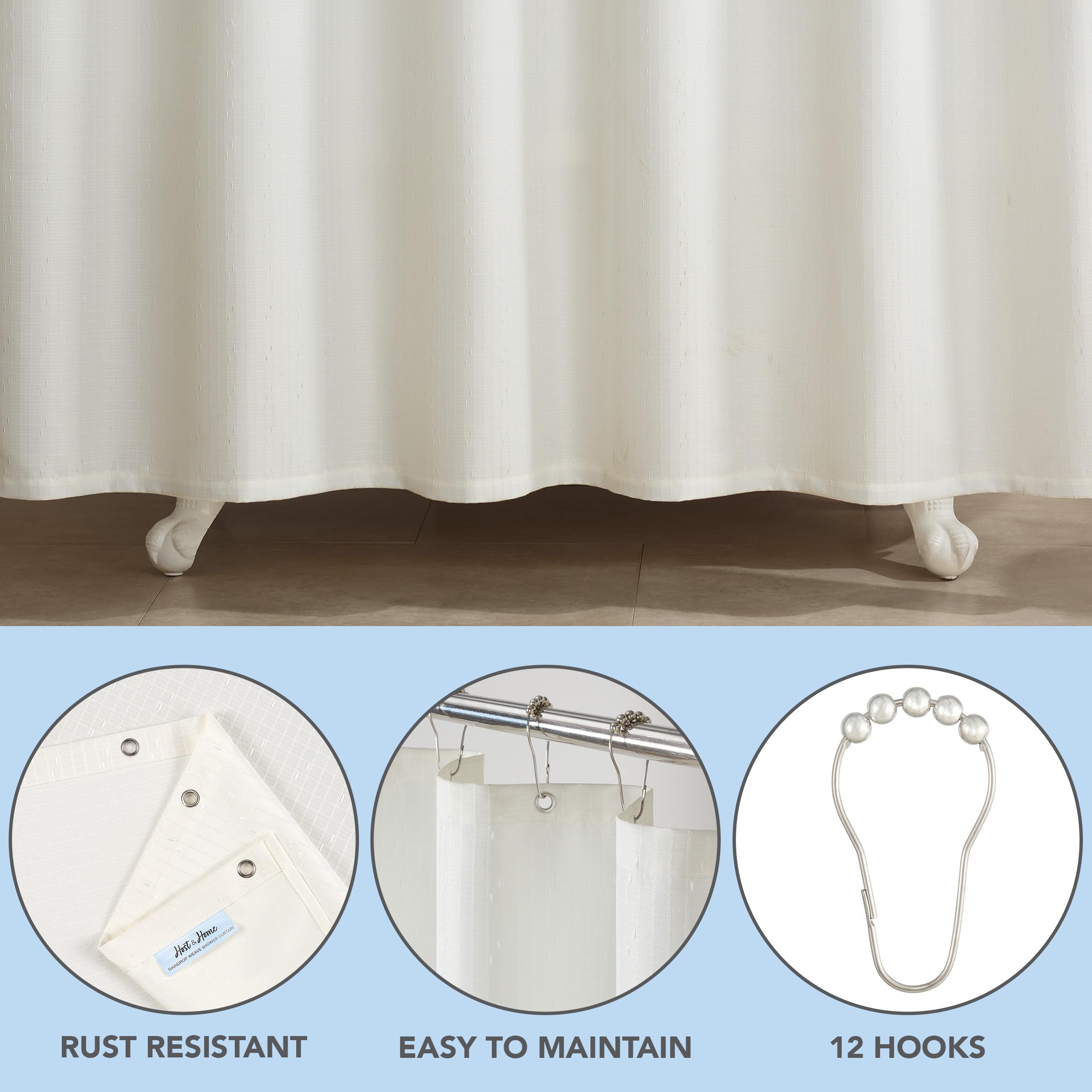 Arkwright Bathroom Shower Curtain Set - Stainless 12 Metal Hooks, Raindrop Jacquard Woven Washable Fabric With Weighted Hem & Ru