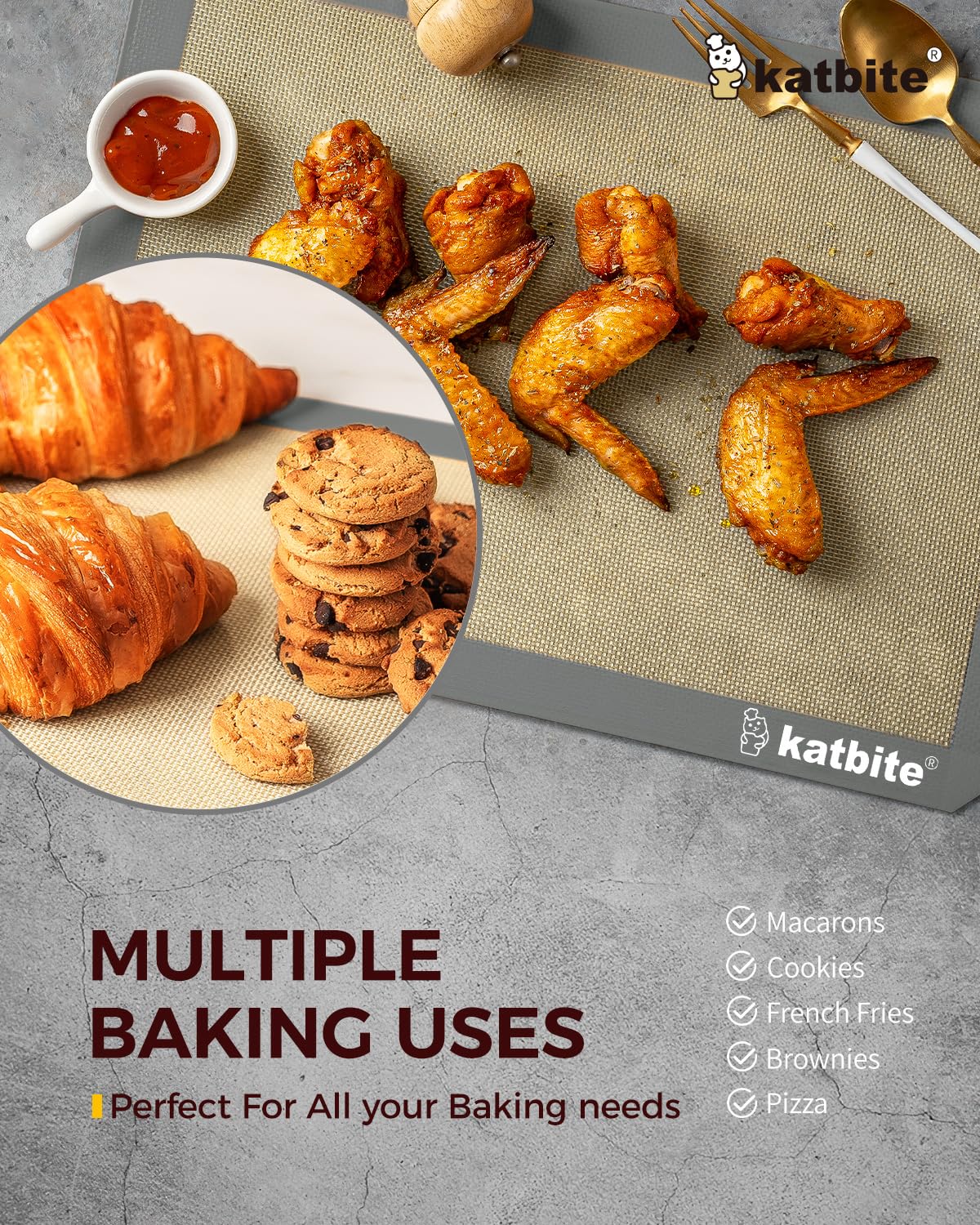 Silicone Baking Mat, Katbite Large Baking Mat Set Of 3-2 Half Sheets Mats (11 5/8'' X 16 1/2'') + 1 Quarter Baking Sheets, Reusa