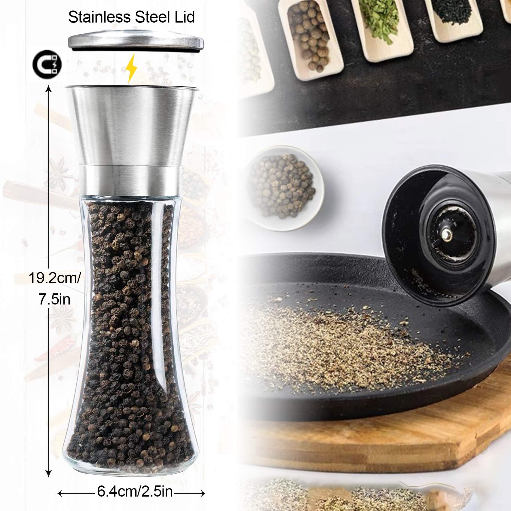 Lessmo 2Pcs Salt And Pepper Grinder Set With Wooden Standing Tray, Salt And Pepper Mill, Stainless Steel Refillable Salt & Peppe