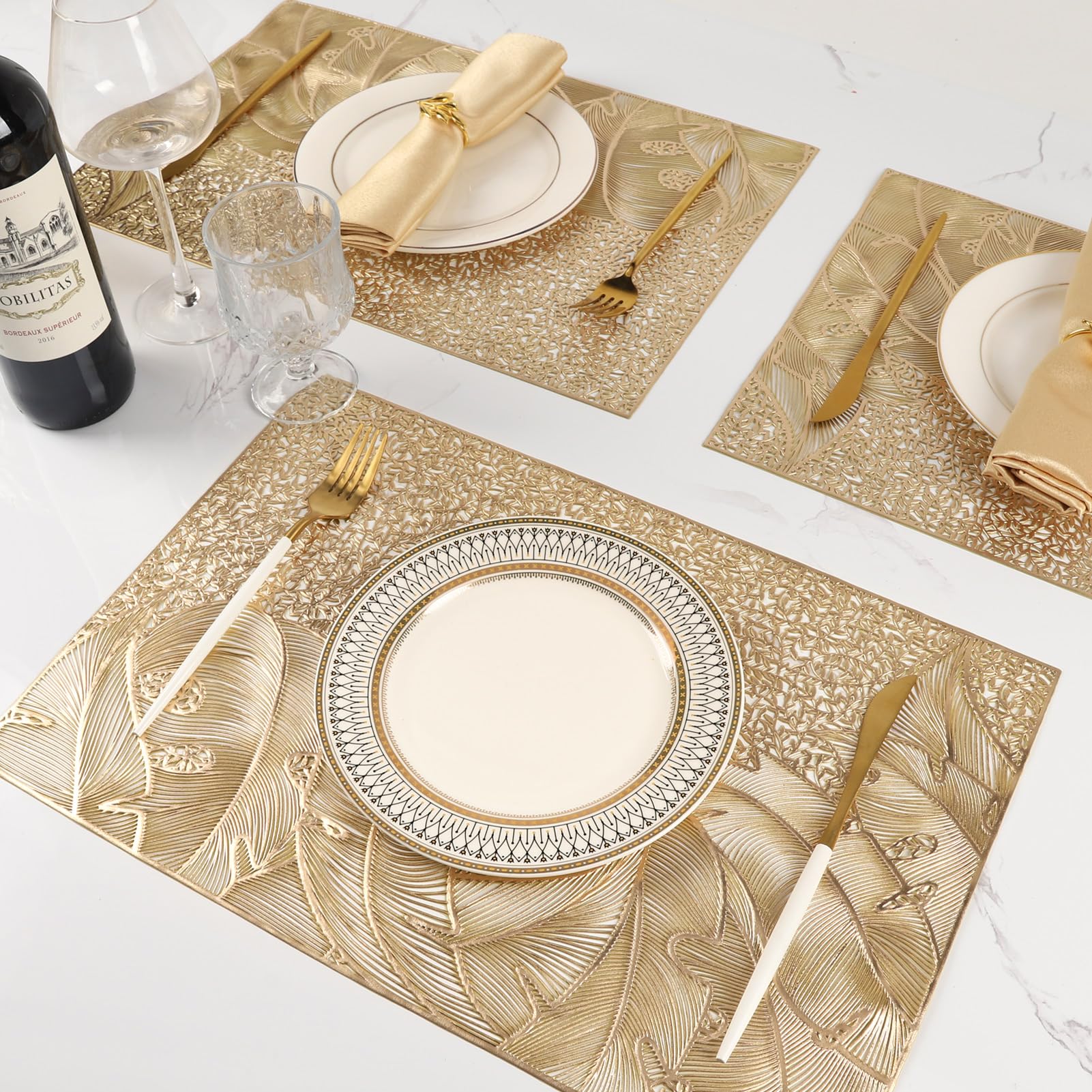 Crisjanggo Gold Placemats Set Of 6, Wipable Rectangular Table Place Mats Bulk Pressed Vinyl Placemats For Party Dining Wedding C