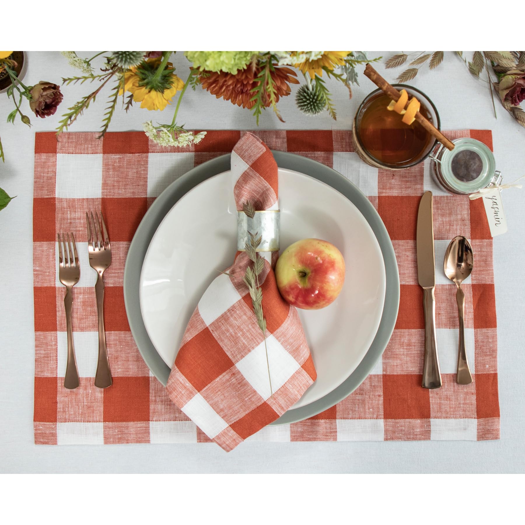Solino Home Buffalo Check Linen Placemats 19'' L X 14'' W Inch - 100% Pure Linen Cinnamon And White Plaid Cloth Placemats Set Of