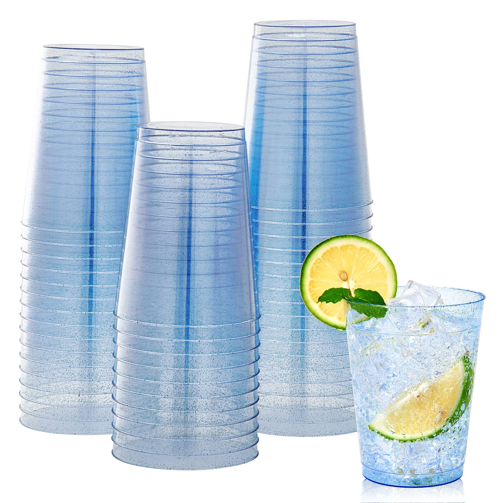 Jolly Chef 100 Pack 10 Oz Blue Plastic Cups, Blue Disposable Cups Tumblers, Elegant Blue Glitter Party Cups, Drinking Cups Perfe