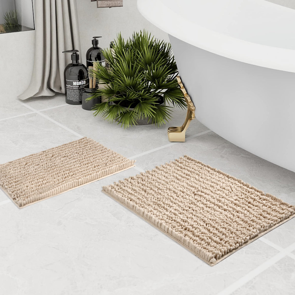 Walensee Bathroom Rug 2 Pieces Set Non Slip Bath Mat (17X24 Plus 20X32 Inch Beige) Water Absorbent Super Soft Shaggy Chenille Ma