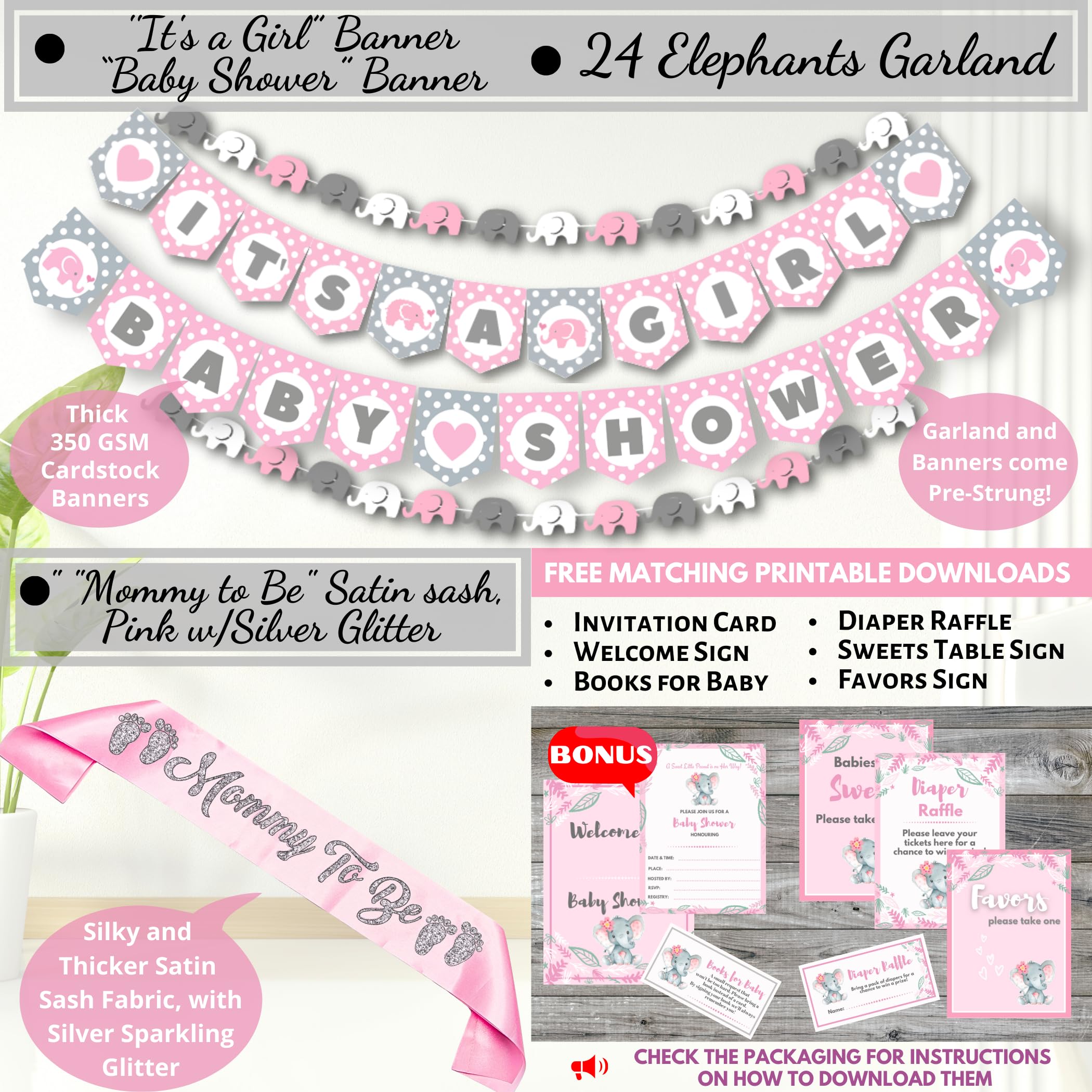 697 Pc Premium Elephant Baby Shower Decorations For Girl Set It'S A Girl Banners, Napkins, Straws, Guest Book, Paper Lanterns, H