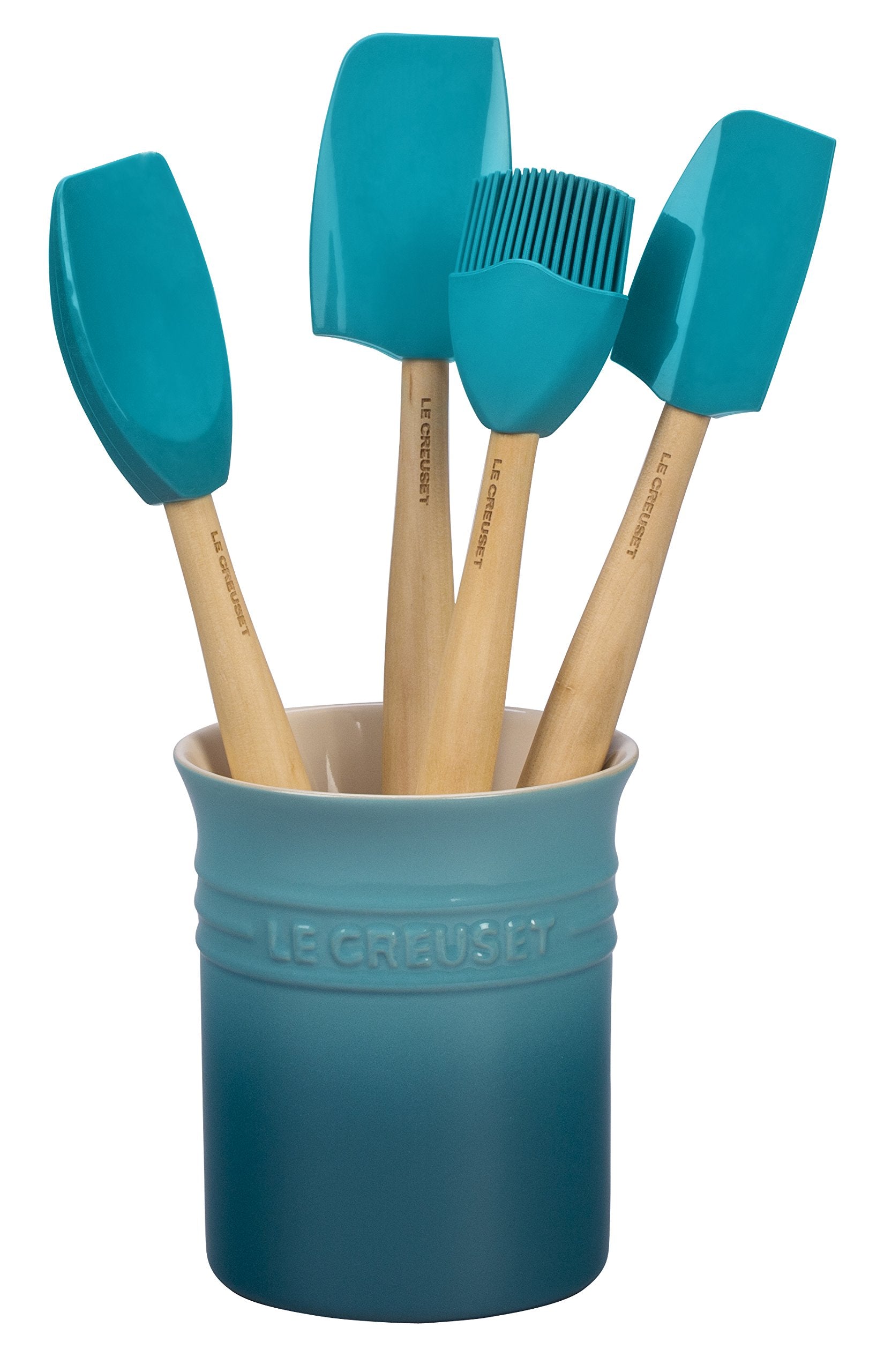 Le Creuset Silicone Craft Series Utensil Set With Stoneware Crock, 5 Pc., Caribbean