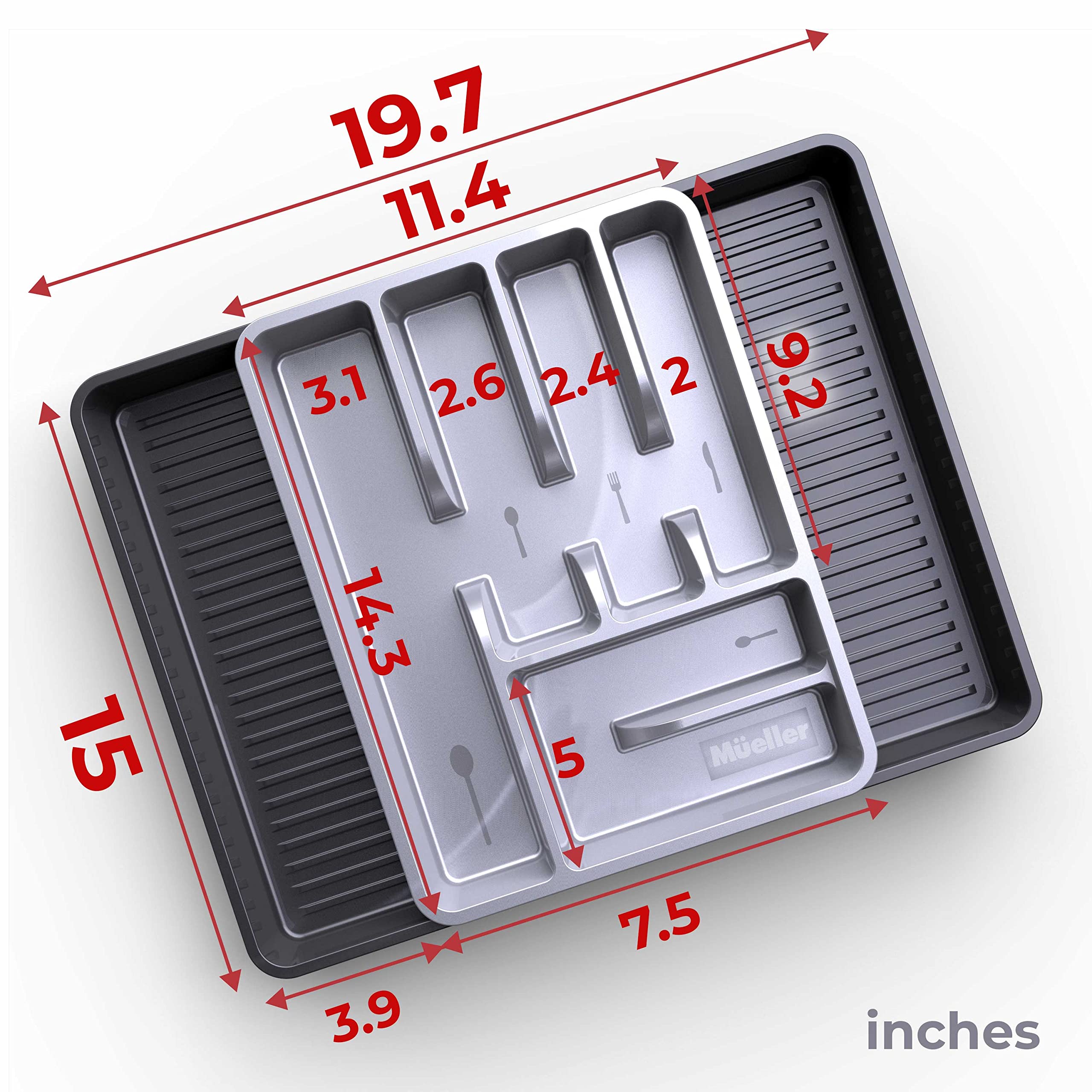 Mueller Large Flatware Kitchen Drawer Organizer, Expandable 19.7'' X 15'' Silverware Organizer, 6 Compartments, Heavy-Duty, Cutl