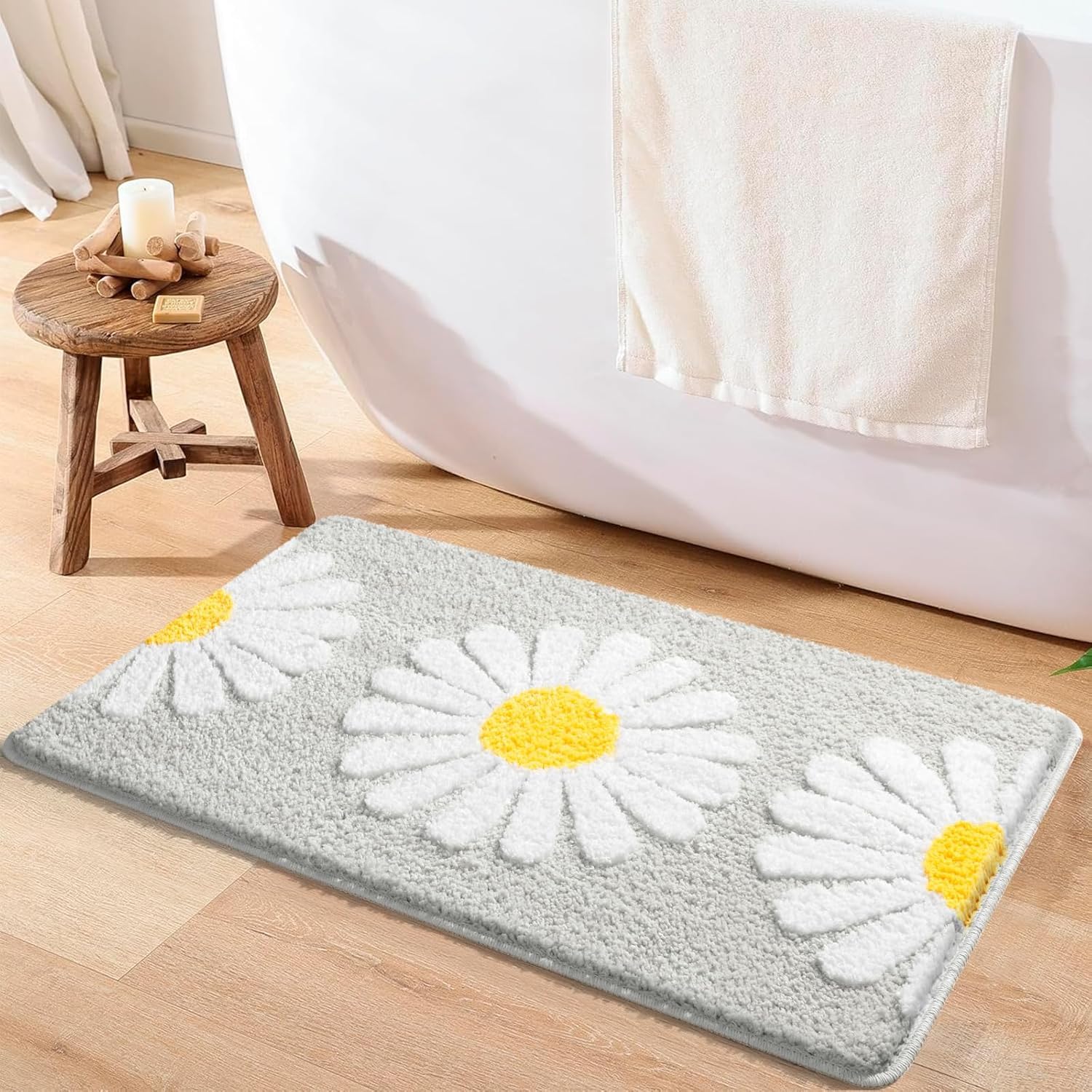 Sunhop Grey Bathroom Rugs, Cute Flower Daisy Bath Mat, Extra Soft And Absorbent Microfiber Non-Slip Bath Rug, Bath Mats For Bath