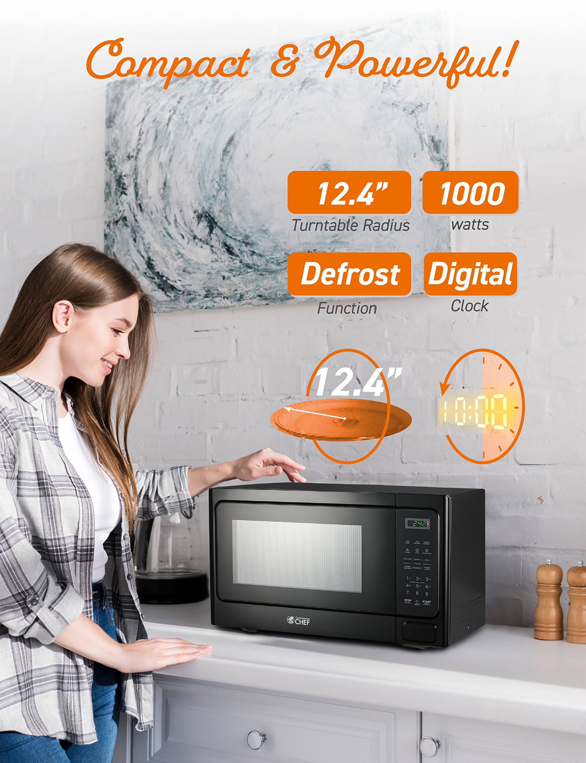 Commercial Chef Small Microwave 1.3 Cu. Ft. Countertop Microwave With Digital Display, Black Microwave & 10 Power Levels, Outsta