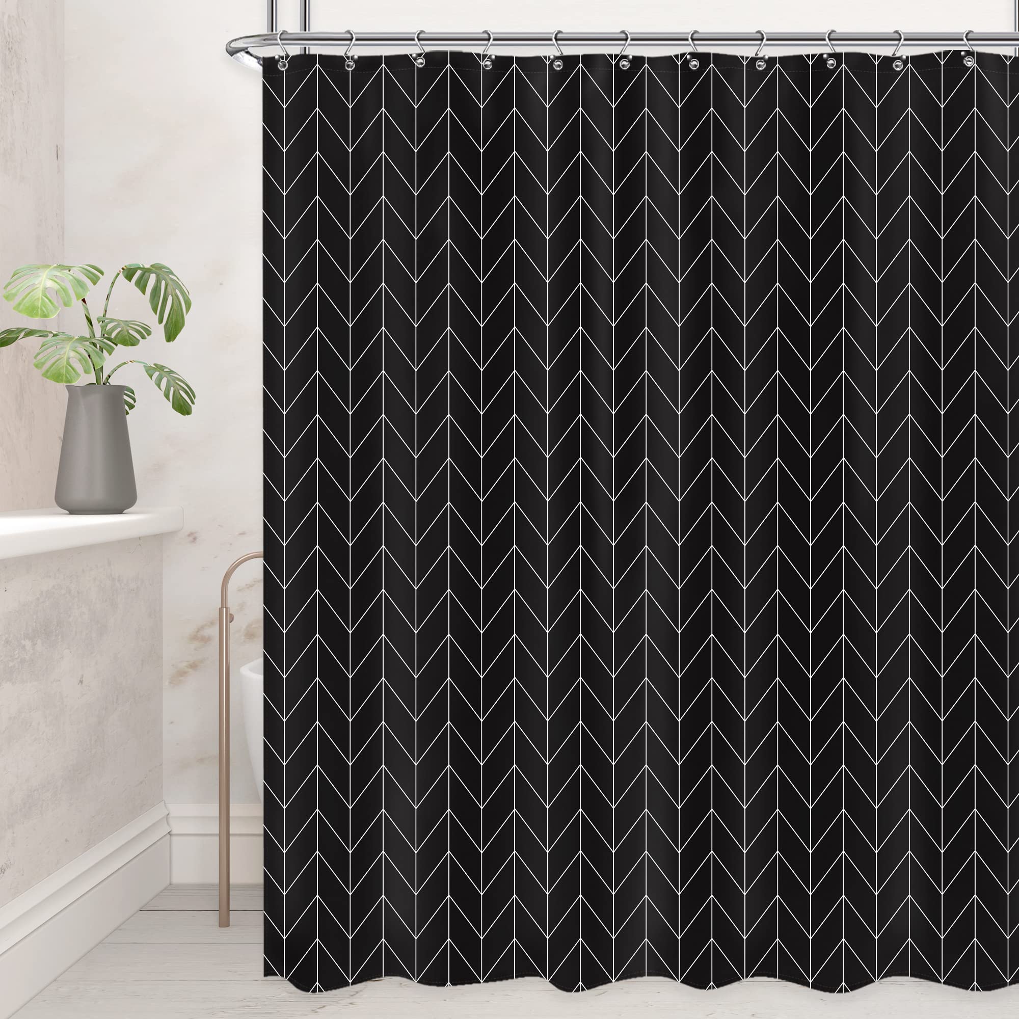 Riyidecor Herringbone Chevron Shower Curtain Extra Long 72X84 Inch Black Geometric Striped Modern Fashion Panel Decor Fabric Bat