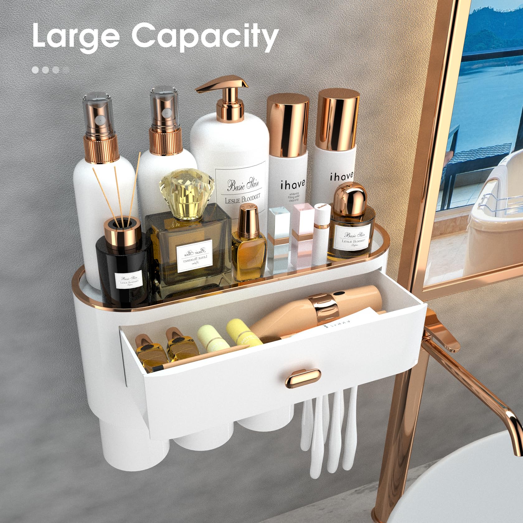Ihave Toothbrush Holders For Bathrooms, 3 Cups Toothbrush Holder Wall Mounted With Large Capacity Drawer And Tray - Bathroom Org