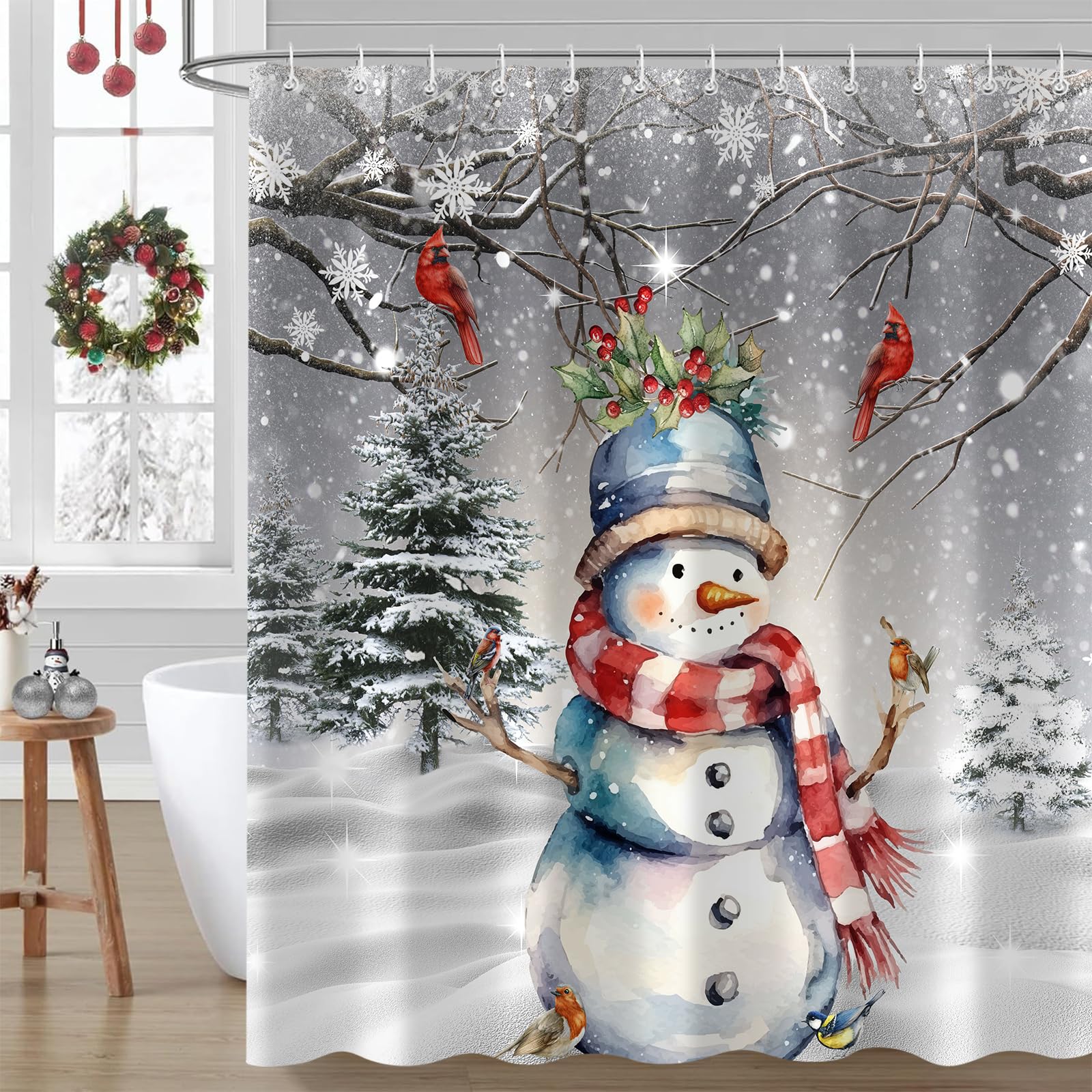 Merry Christmas Snowman Shower Curtain Sets, Watercolor Snowman And Cardinals Pine Tree Redbird Robin Snowflake Winter Holiday H